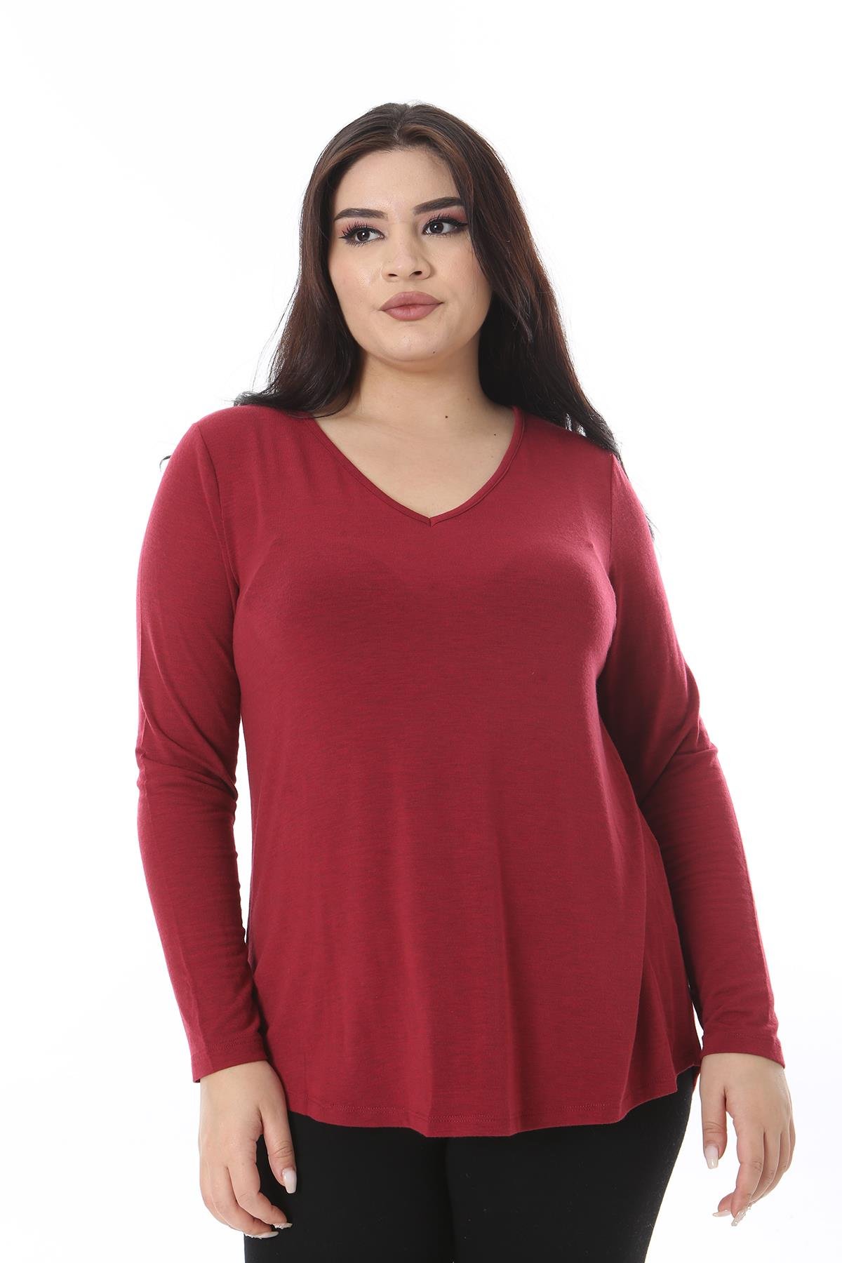 Kadın Büyük Beden Bordo V Yakalı Uzun Kollu Likralı Bluz 65N38652