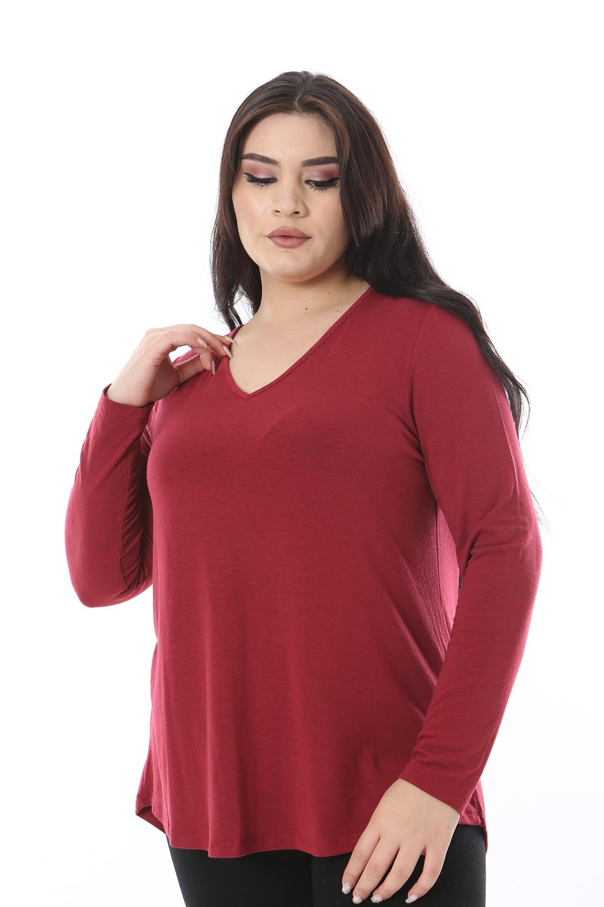 Kadın Büyük Beden Bordo V Yakalı Uzun Kollu Likralı Bluz 65N38652