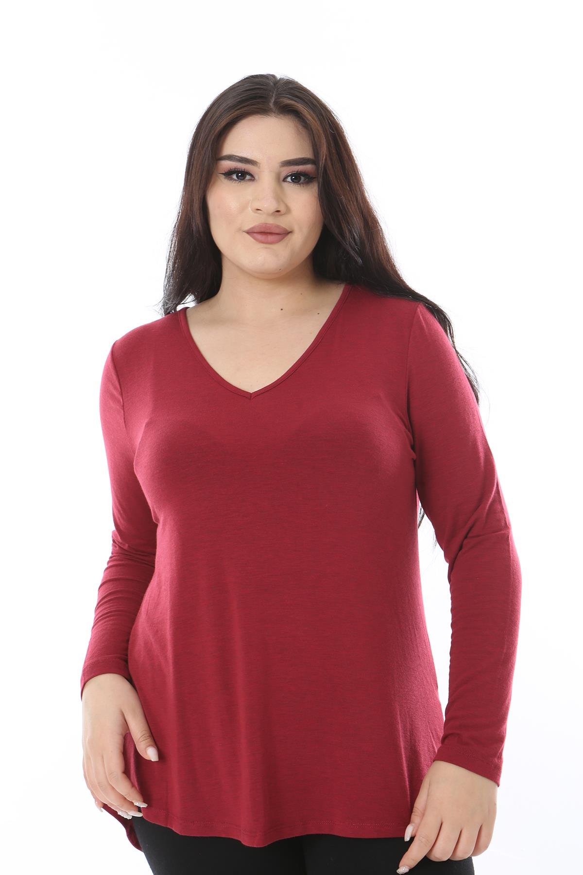 Kadın Büyük Beden Bordo V Yakalı Uzun Kollu Likralı Bluz 65N38652