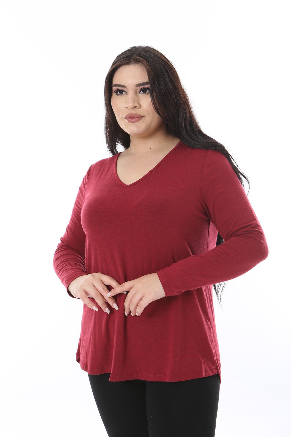 Kadın Büyük Beden Bordo V Yakalı Uzun Kollu Likralı Bluz 65N38652