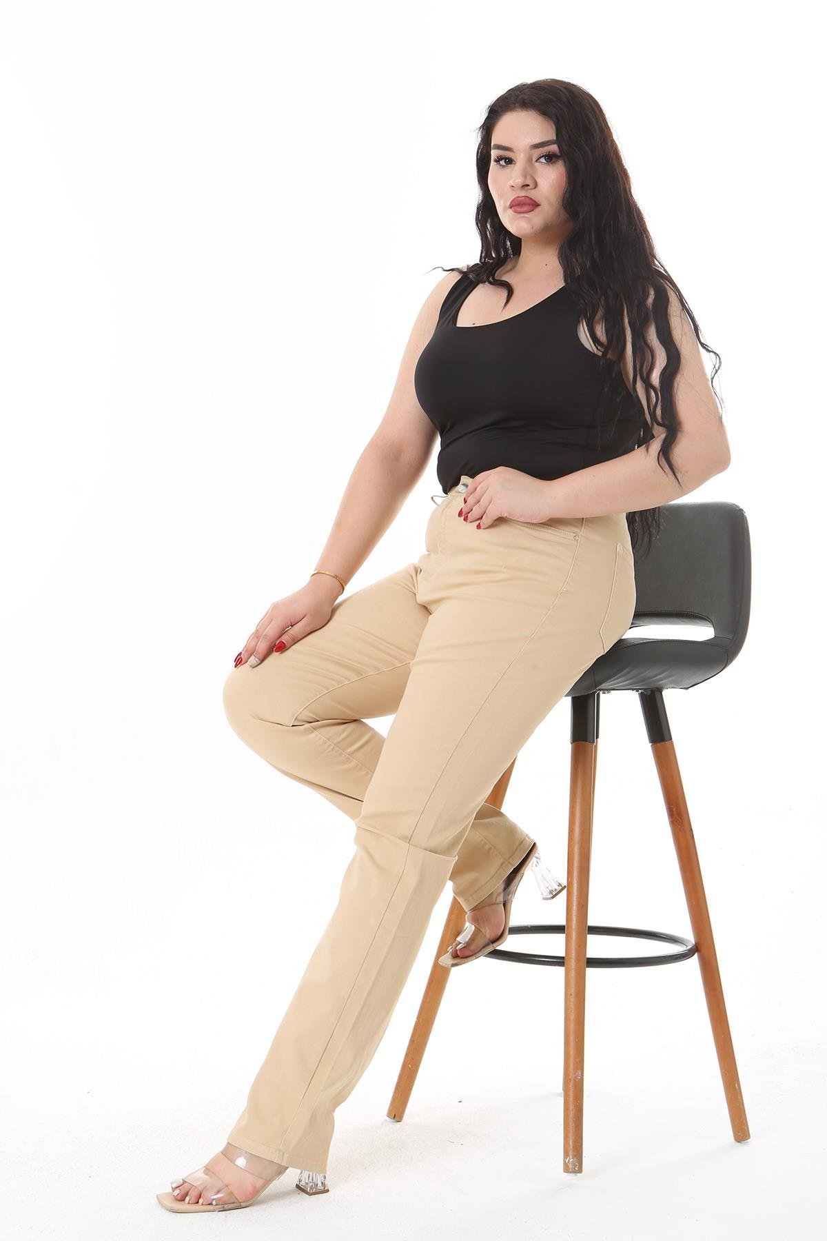 Kadın Büyük Beden Camel Yüksek Bel 5 Cepli Likralı Gabardin Pantolon 65N38731