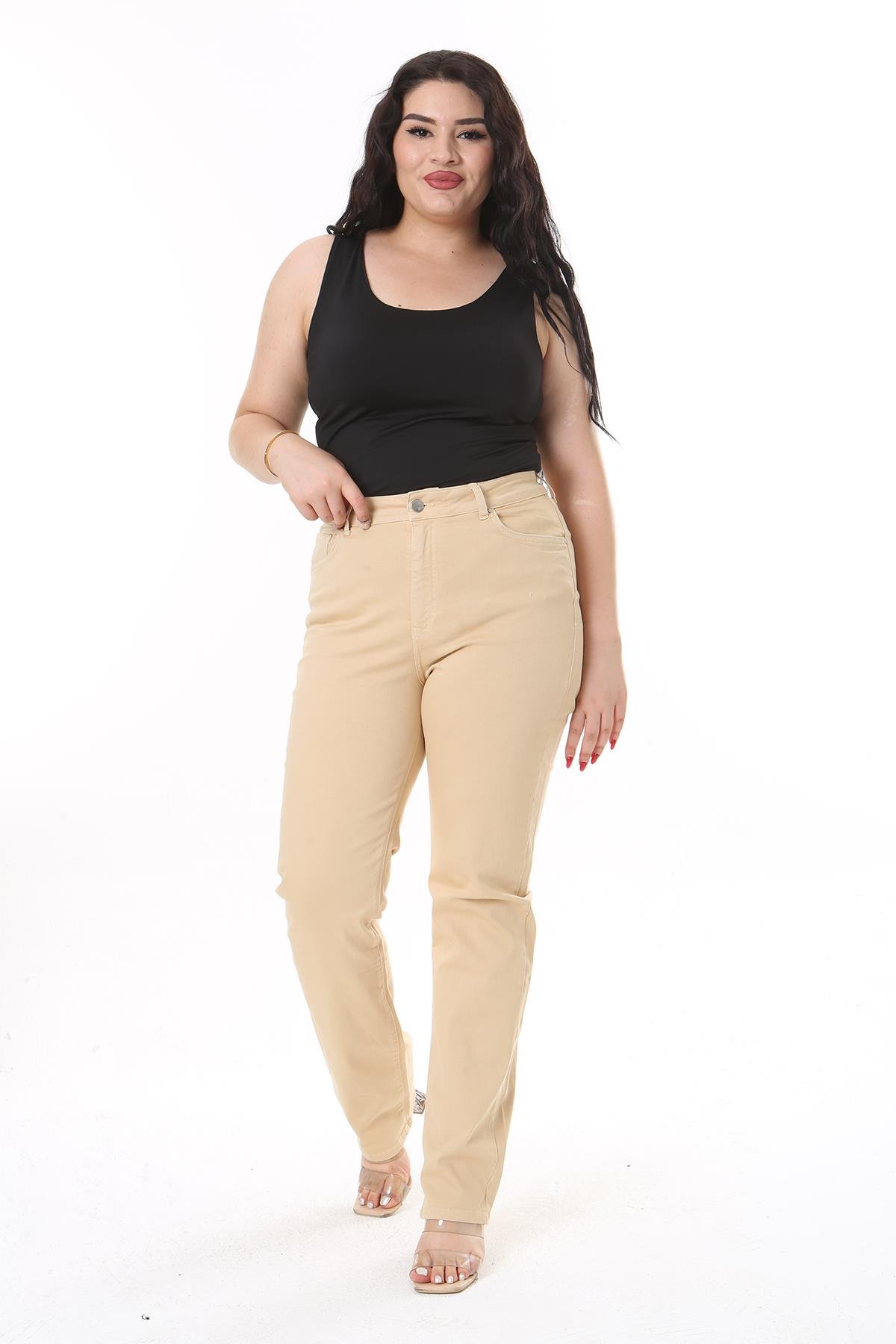 Kadın Büyük Beden Camel Yüksek Bel 5 Cepli Likralı Gabardin Pantolon 65N38731