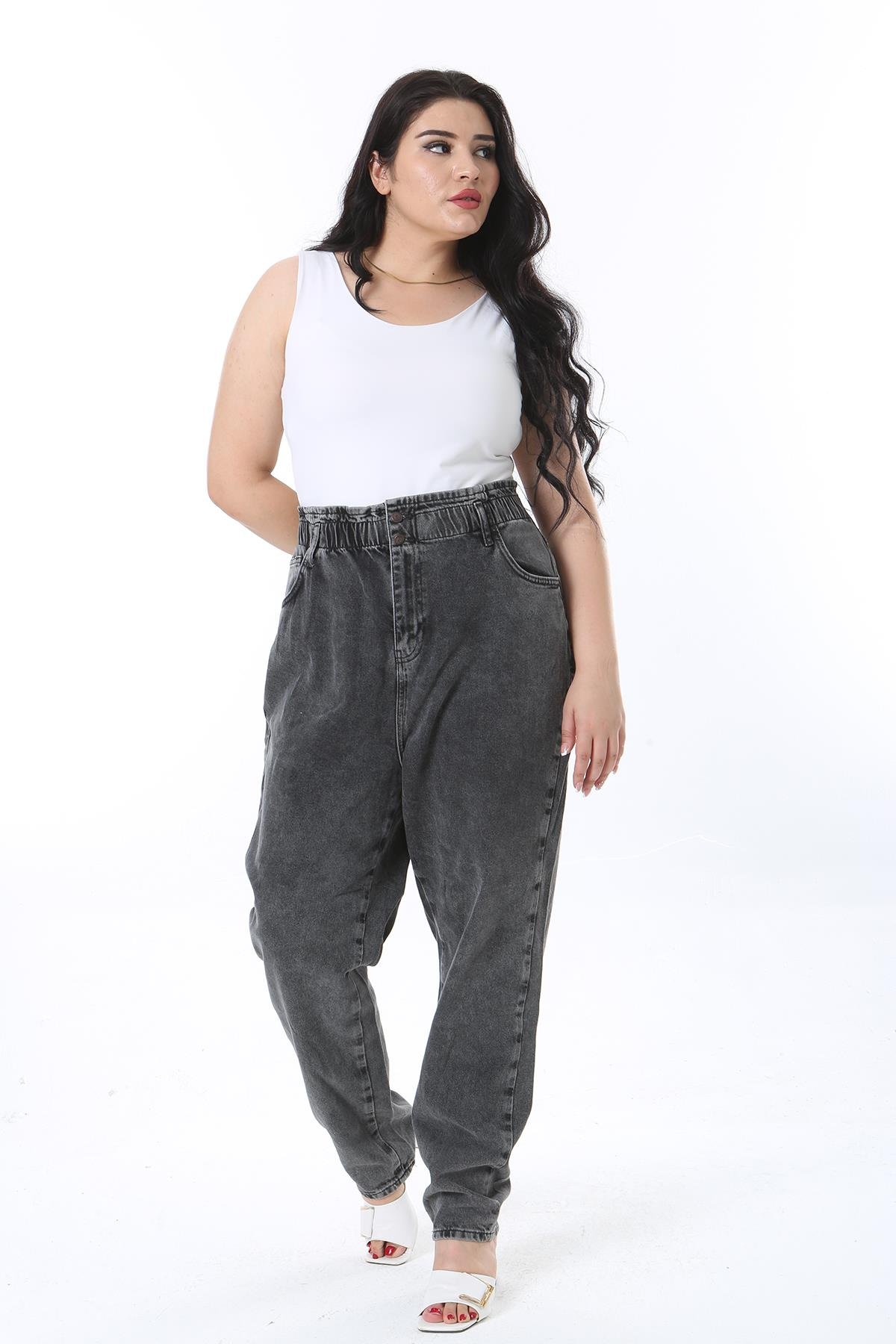 Kadın Büyük Beden Füme Beli Lastik Detaylı Yıkama Efektli Kot Pantolon 65N38261