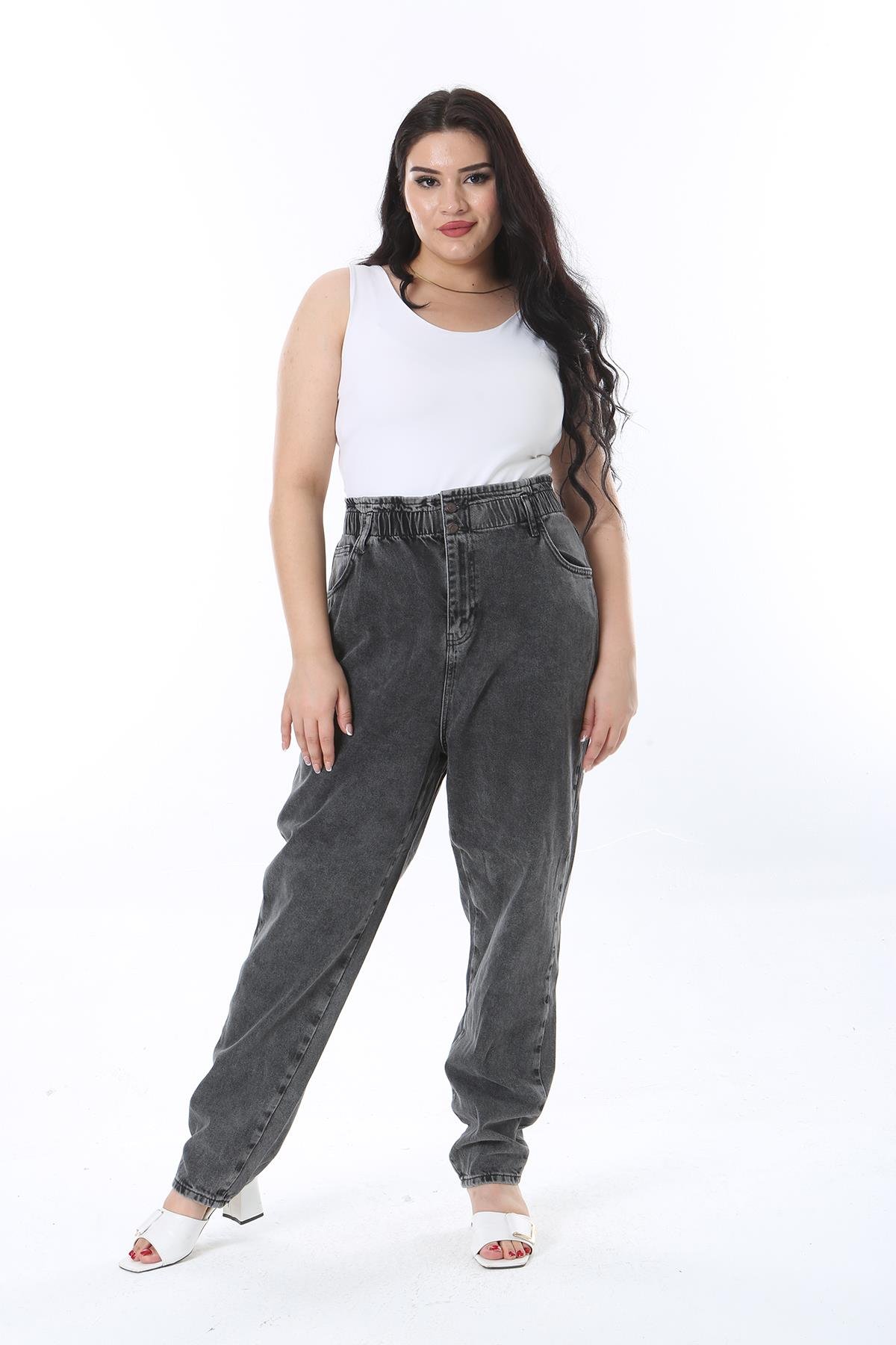 Kadın Büyük Beden Füme Beli Lastik Detaylı Yıkama Efektli Kot Pantolon 65N38261