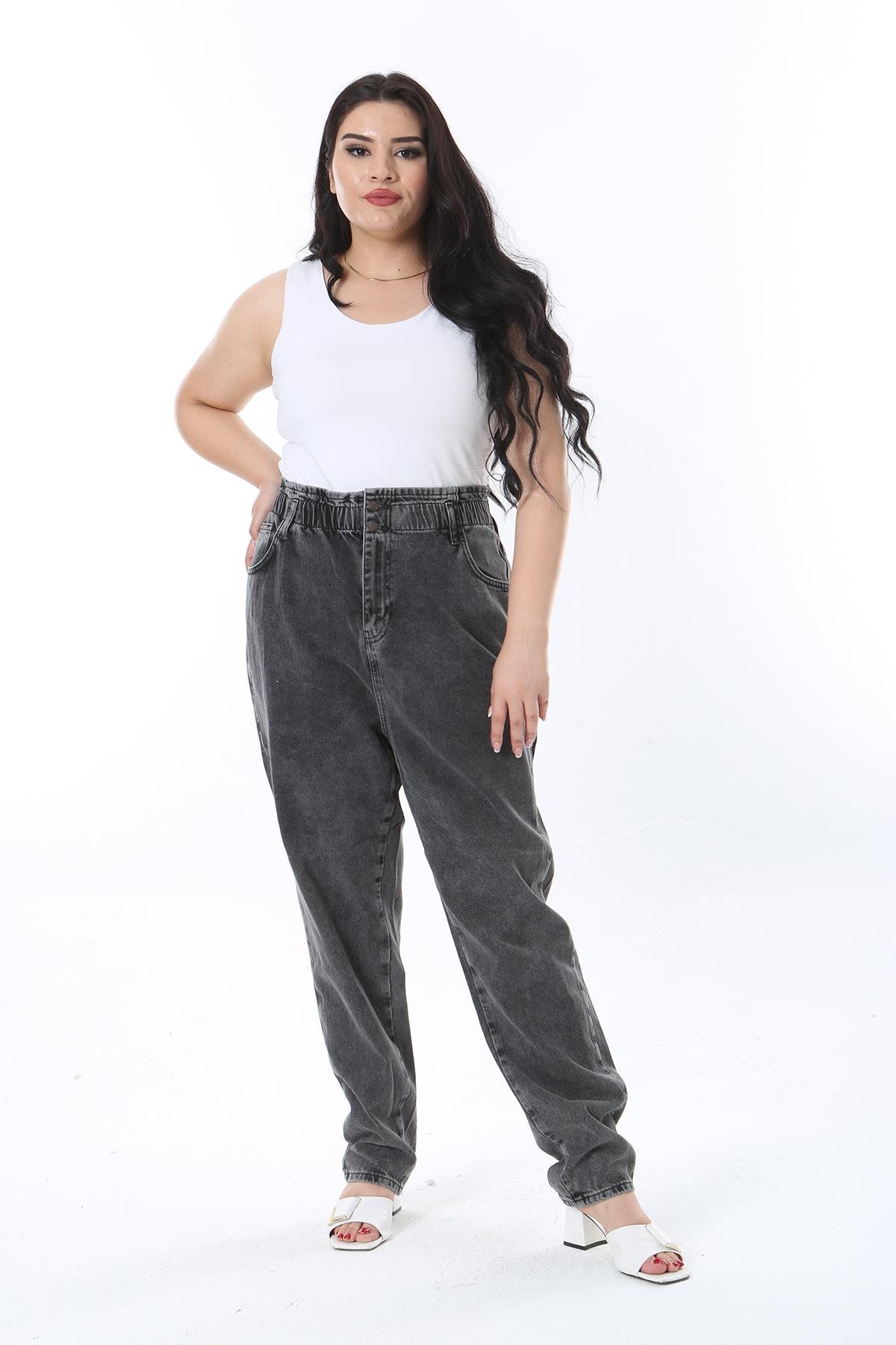 Kadın Büyük Beden Füme Beli Lastik Detaylı Yıkama Efektli Kot Pantolon 65N38261