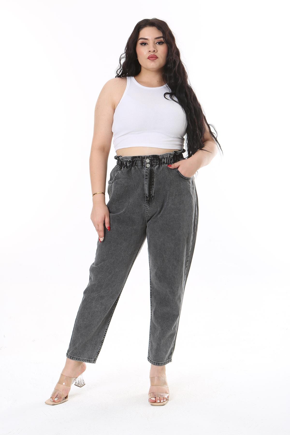 Kadın Büyük Beden Füme Beli Lastikli Kot Pantolon 65N38124
