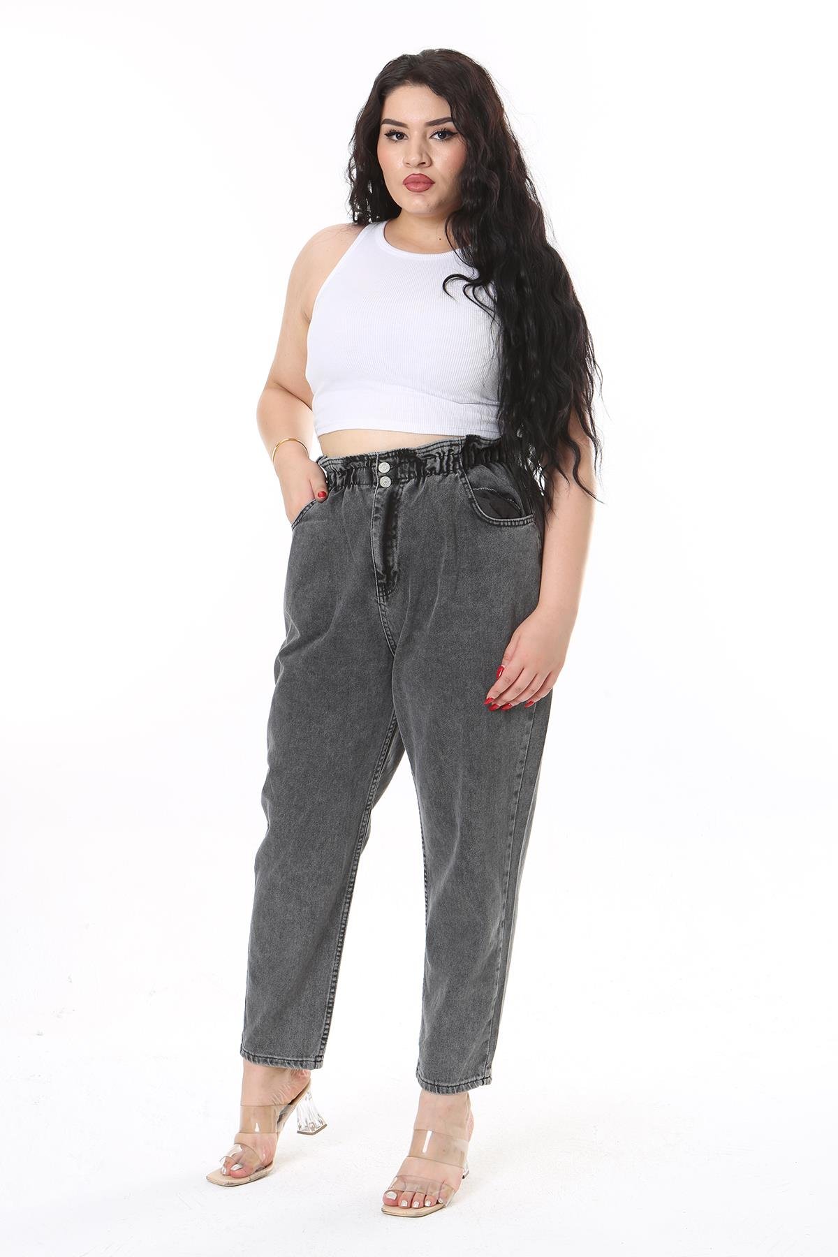 Kadın Büyük Beden Füme Beli Lastikli Kot Pantolon 65N38124