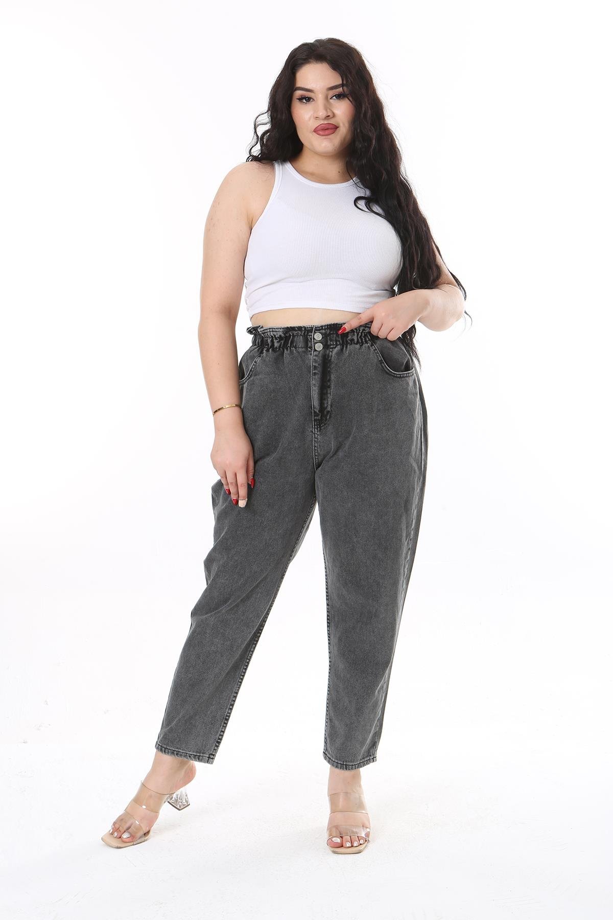 Kadın Büyük Beden Füme Beli Lastikli Kot Pantolon 65N38124