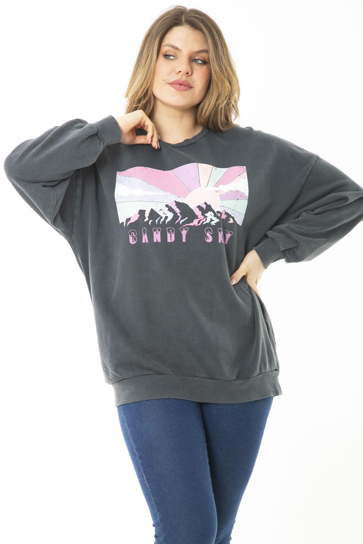 Kadın Büyük Beden Füme Dijital Baskılı Sweatshirt 65N37159