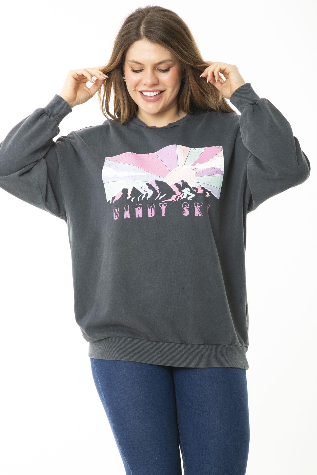 Kadın Büyük Beden Füme Dijital Baskılı Sweatshirt 65N37159