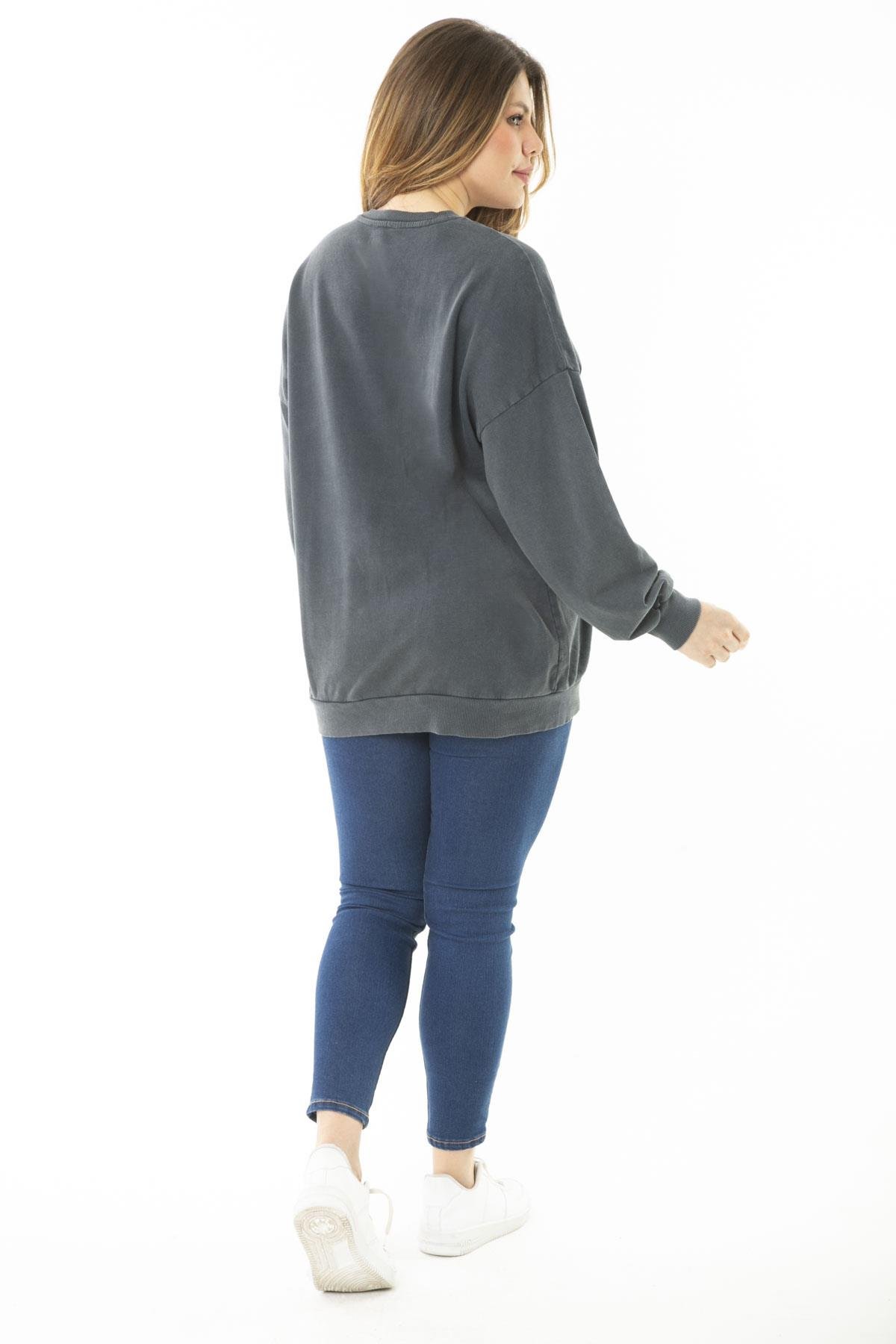Kadın Büyük Beden Füme Dijital Baskılı Sweatshirt 65N37159