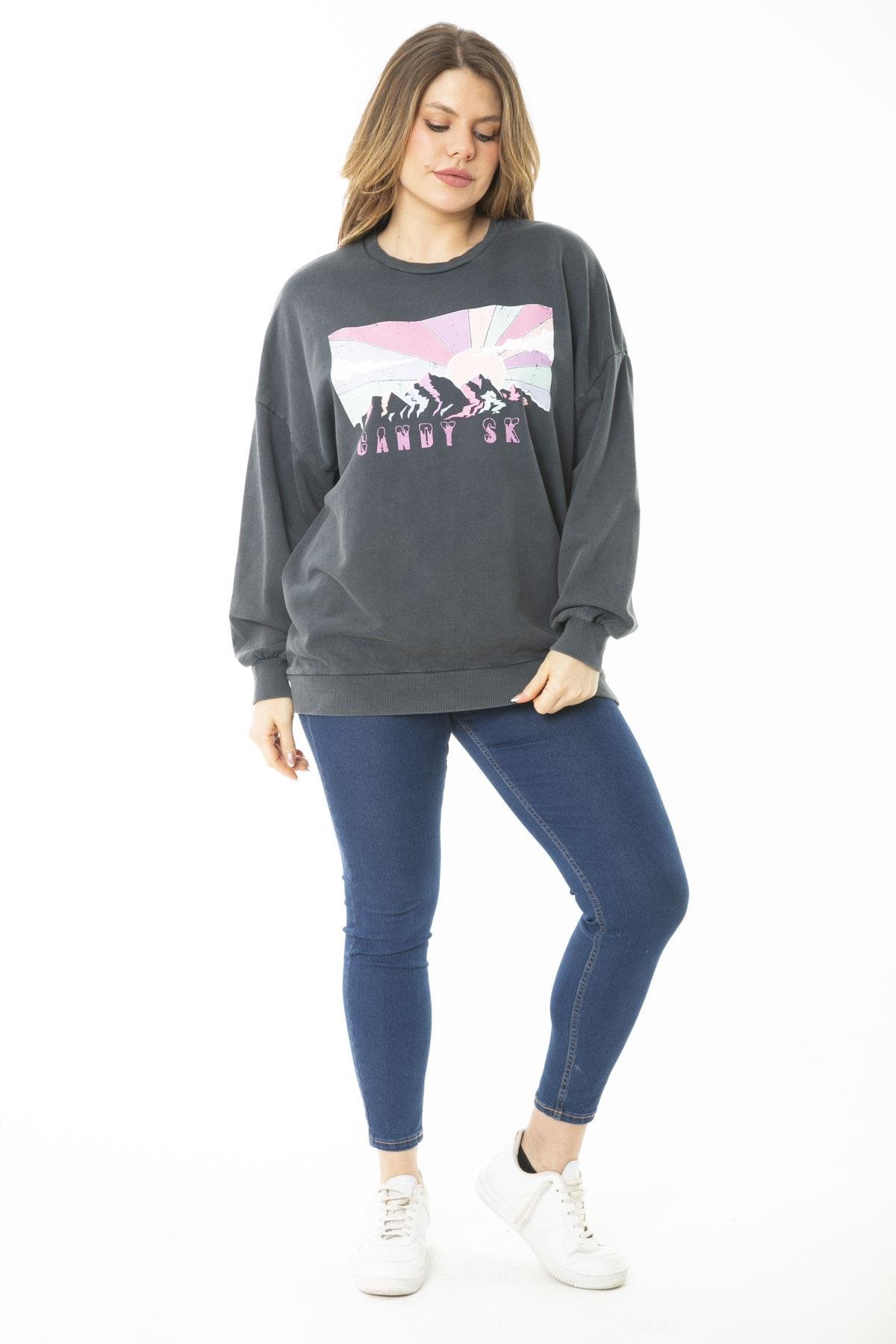 Kadın Büyük Beden Füme Dijital Baskılı Sweatshirt 65N37159