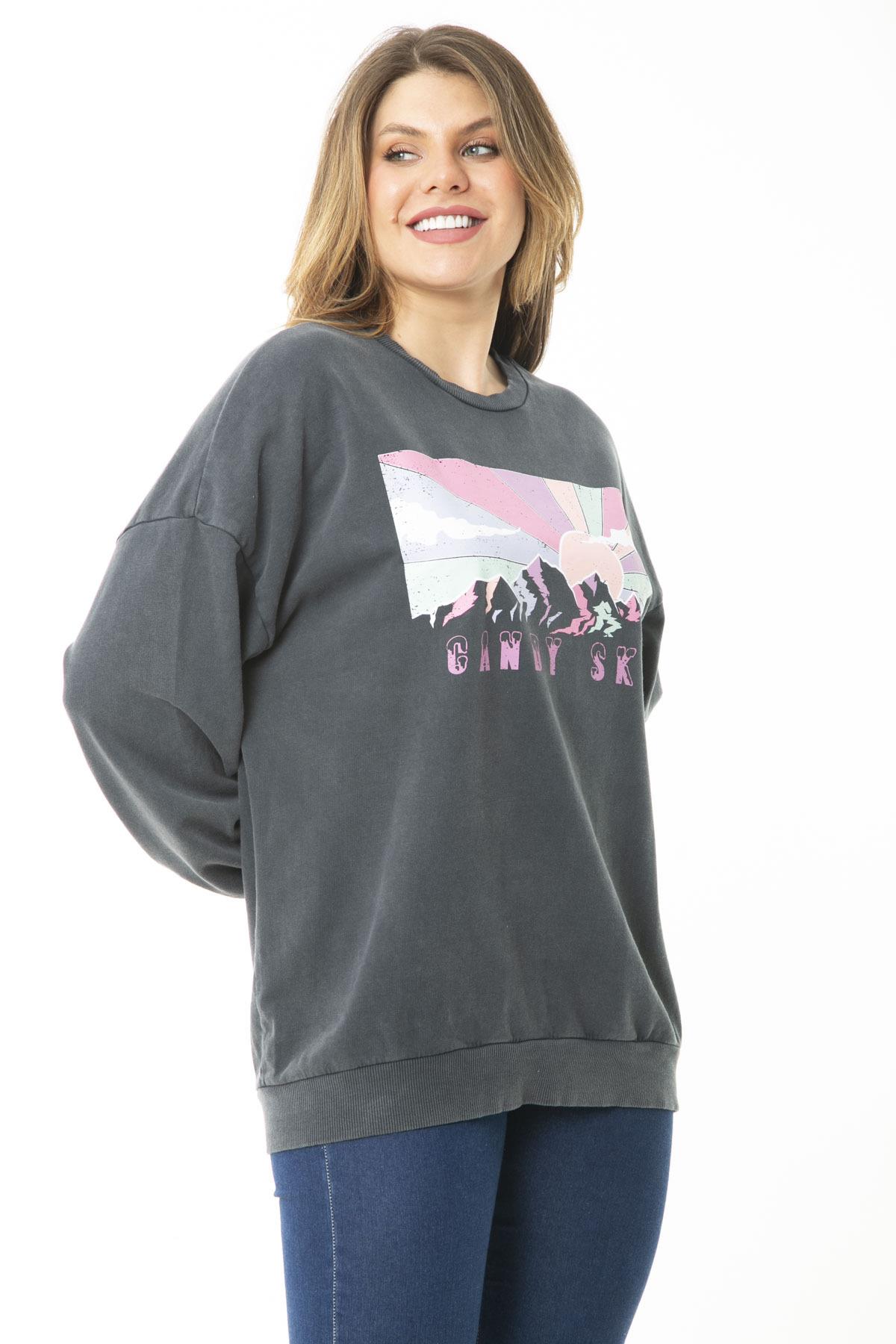 Kadın Büyük Beden Füme Dijital Baskılı Sweatshirt 65N37159
