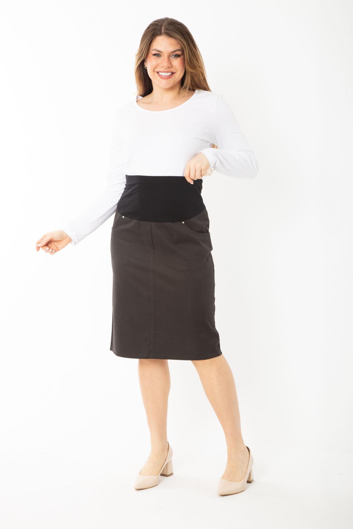 Kadın Büyük Beden Kahve Beli Penye Kumaş Geniş Korsaj Kemerli 4 Cepli Gabardin Etek 65N37392