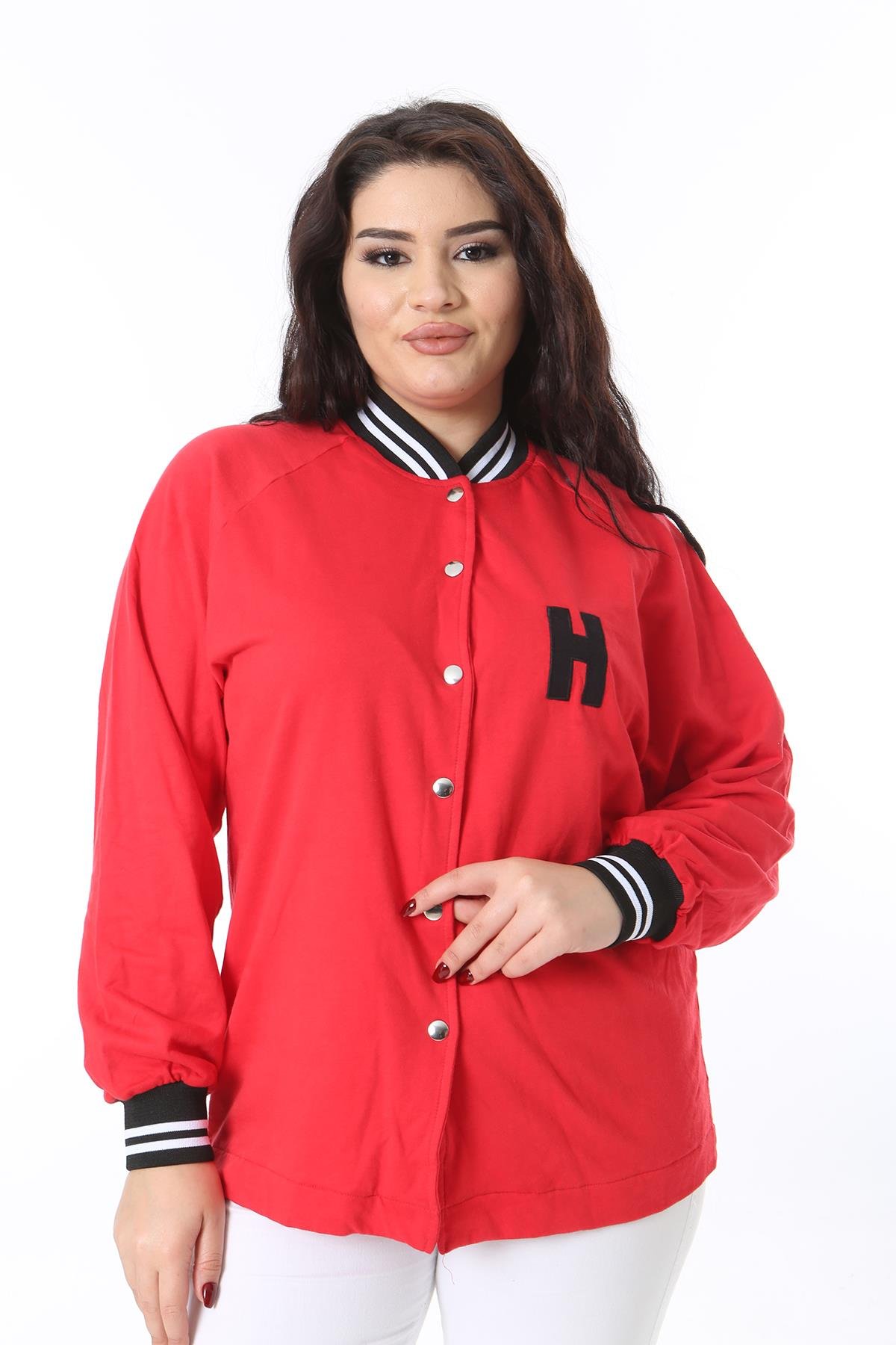Kadın Büyük Beden Kırmızı Çıtçıt Düğmeli Ribanalı Sweatshirt 65N38615
