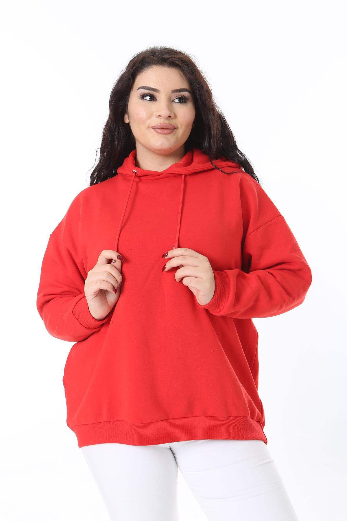 Kadın Büyük Beden Kırmızı İçi Şardonlu Kapşonlu Arka Baskılı Sweatshirt 65N38614