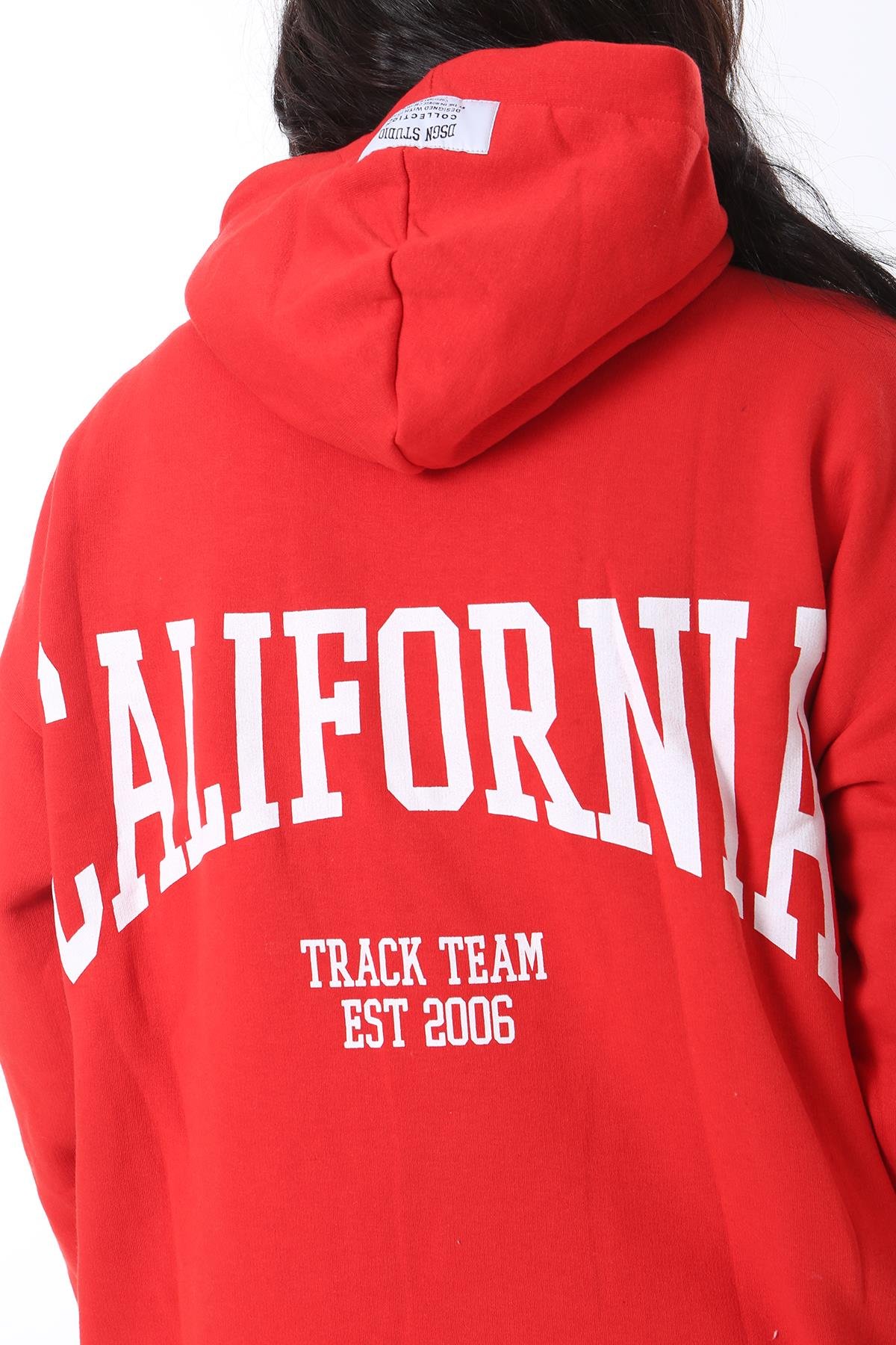 Kadın Büyük Beden Kırmızı İçi Şardonlu Kapşonlu Arka Baskılı Sweatshirt 65N38614