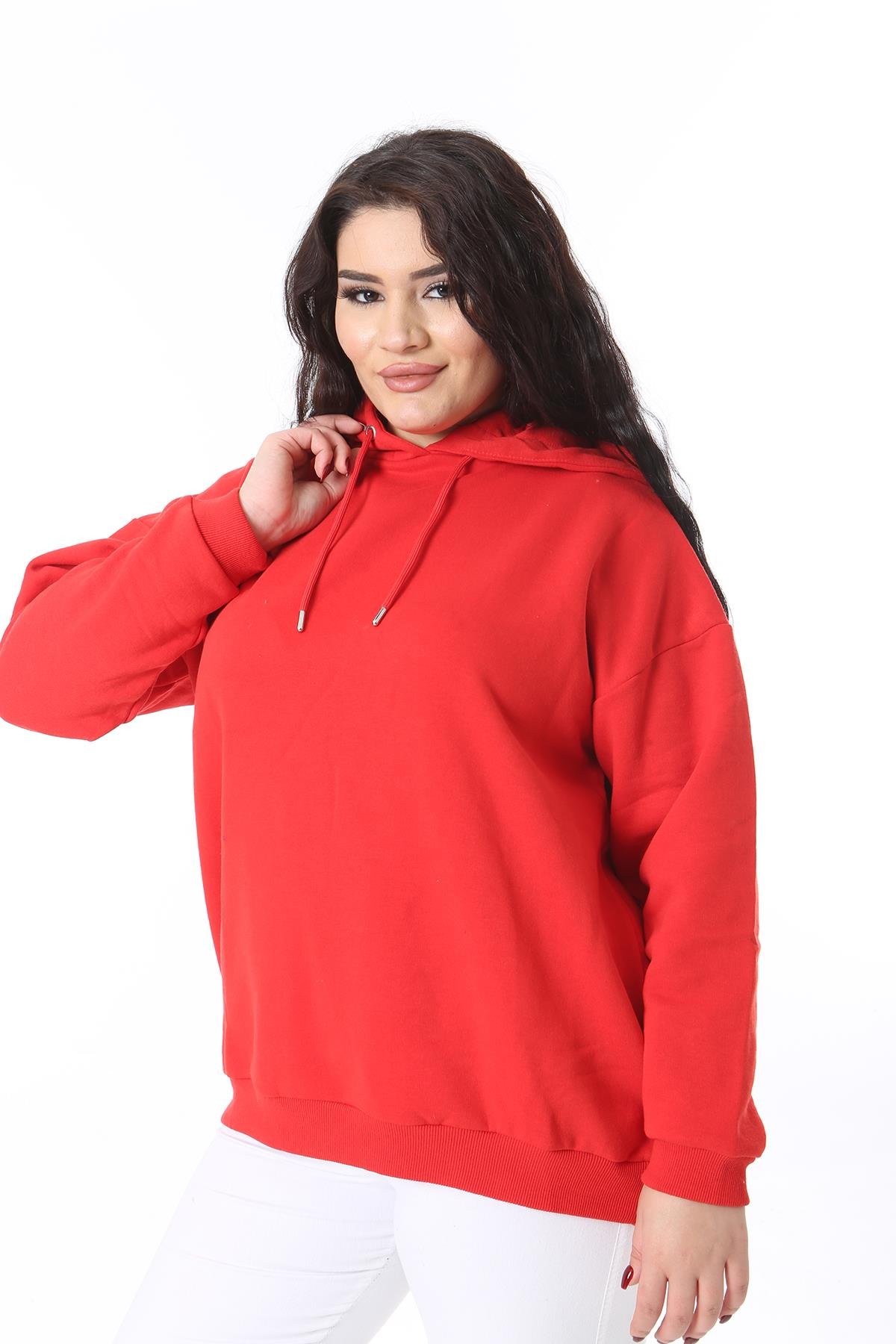 Kadın Büyük Beden Kırmızı İçi Şardonlu Kapşonlu Arka Baskılı Sweatshirt 65N38614