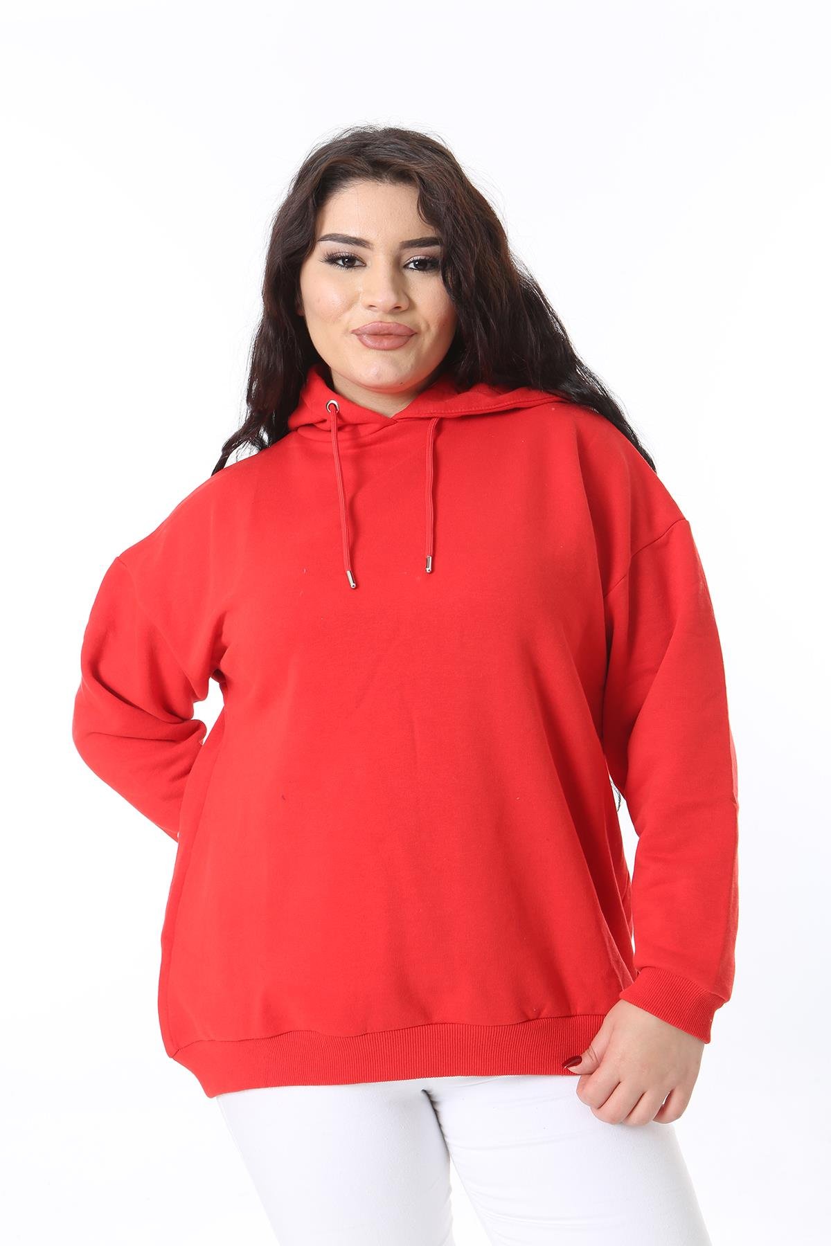 Kadın Büyük Beden Kırmızı İçi Şardonlu Kapşonlu Arka Baskılı Sweatshirt 65N38614