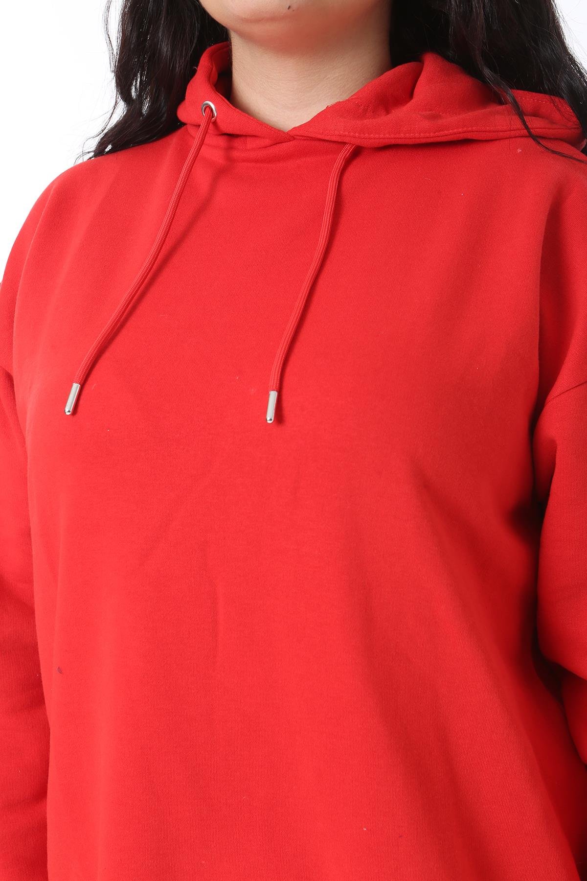 Kadın Büyük Beden Kırmızı İçi Şardonlu Kapşonlu Arka Baskılı Sweatshirt 65N38614
