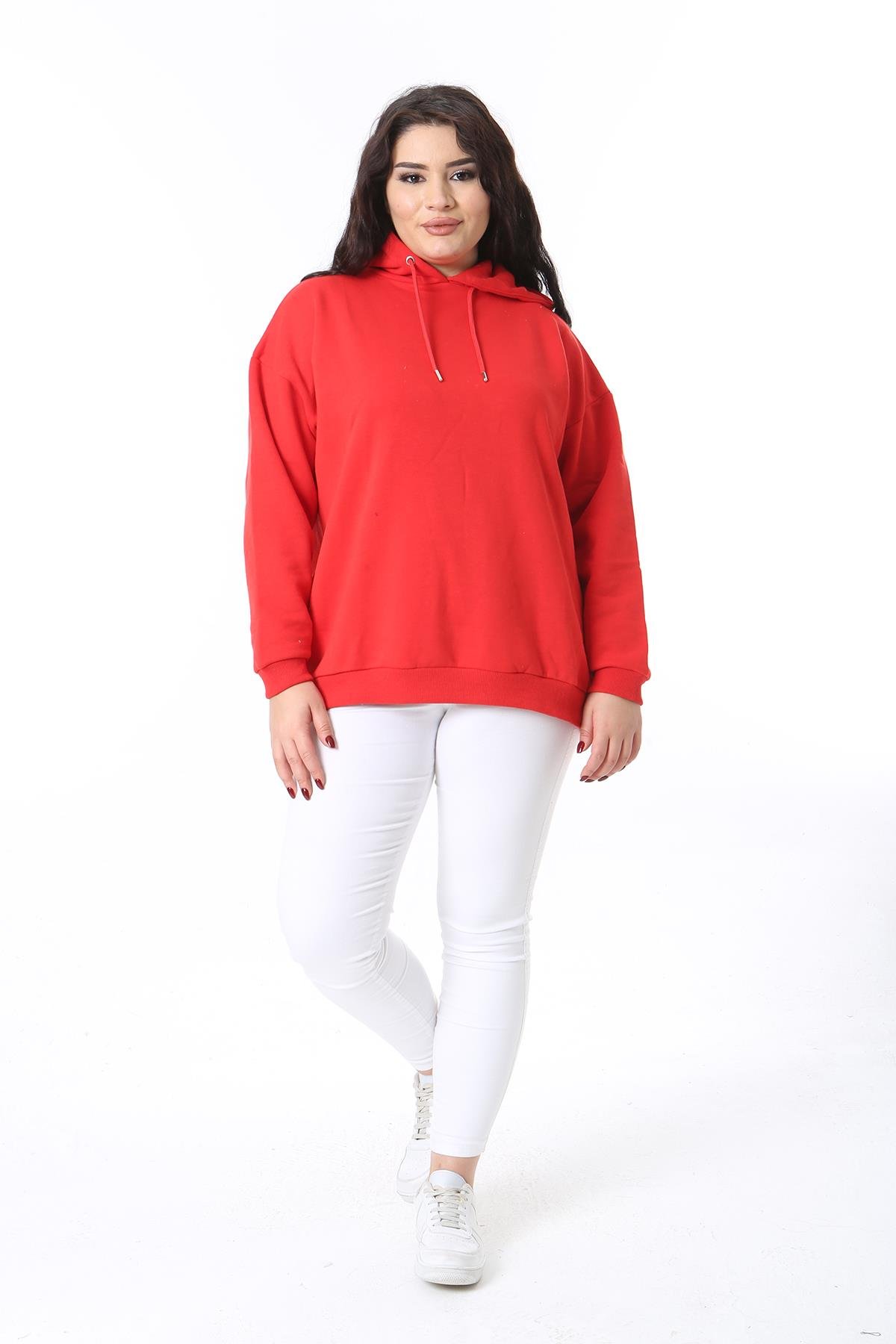 Kadın Büyük Beden Kırmızı İçi Şardonlu Kapşonlu Arka Baskılı Sweatshirt 65N38614
