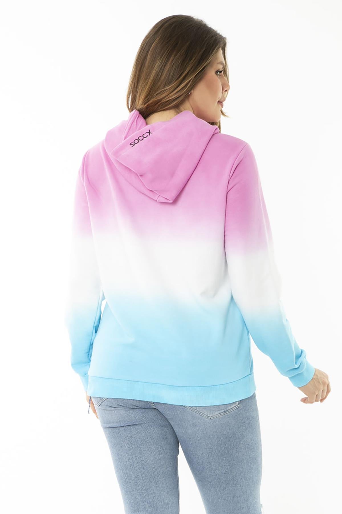 Kadın Büyük Beden Renkli İki İplik Sim Ve Ön Baskı Detaylı Kapşonlu Sweatshirt 65N37162