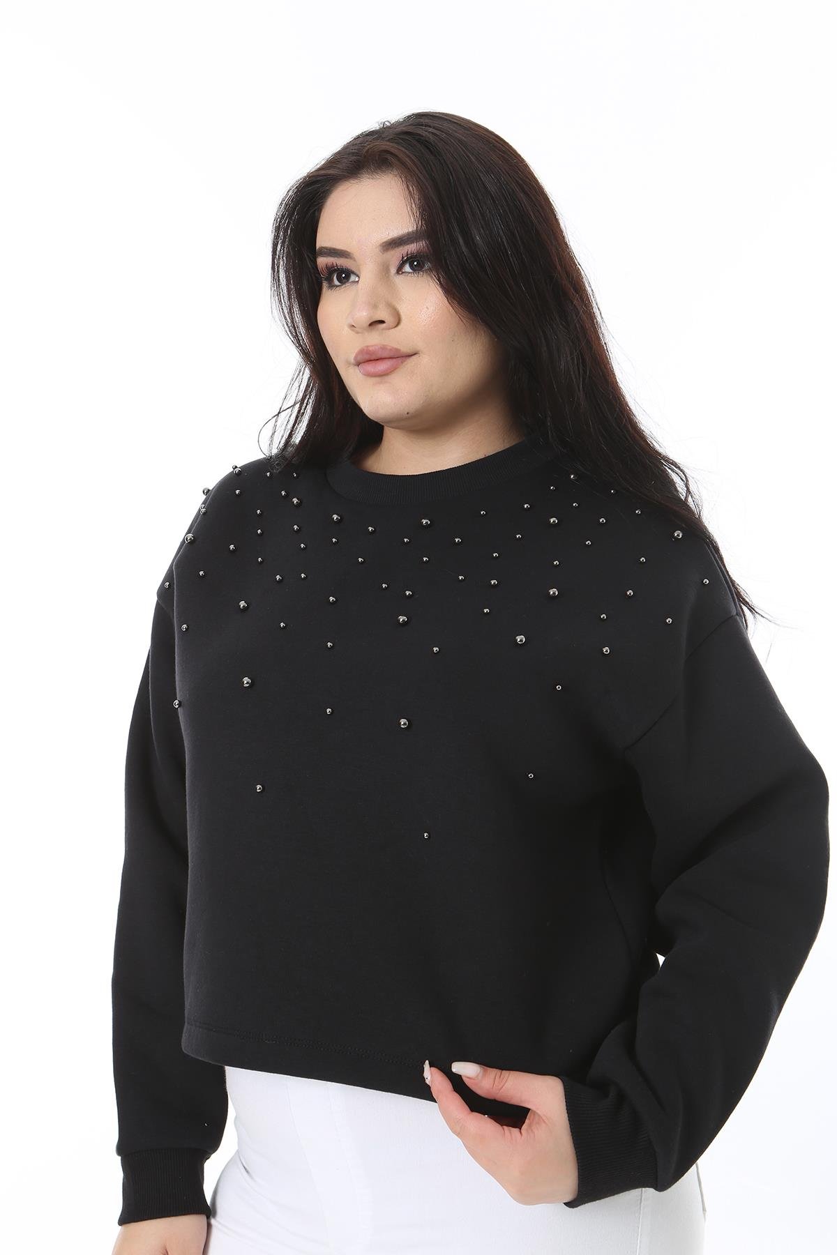 Kadın Büyük Beden Siyah Taş Detaylı İçi Şardonlu Sweatshirt 65N38632