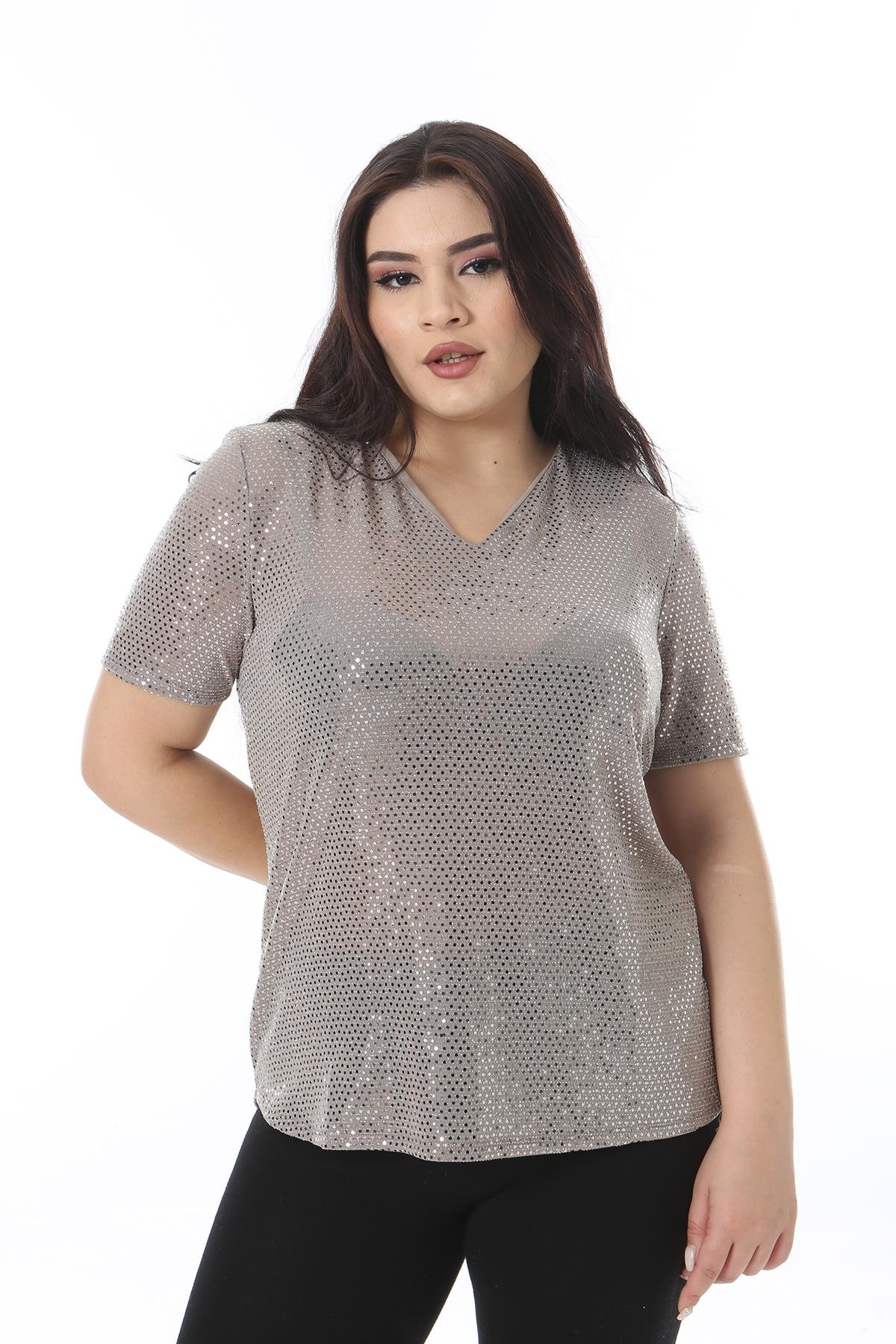 Kadın Büyük Beden Vizon V Yakalı Payetli Bluz 65N38510
