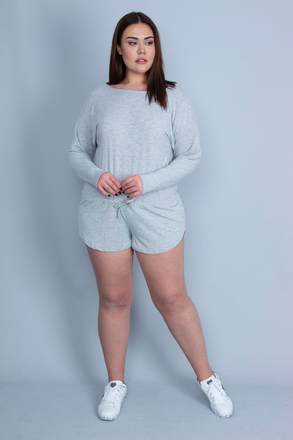 Kadın Gri Bel Bağcık Detaylı Şort Tulum 65N25813