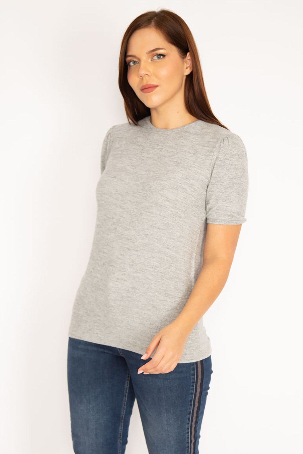 Kadın Gri Yumoş Kumaş Kısa Kollu Bluz 65N34939