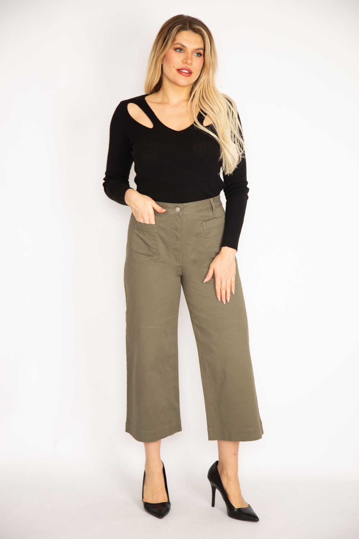 Kadın Haki Likralı Gabardin Kumaş Ön Cepli Pantolon 65N35249