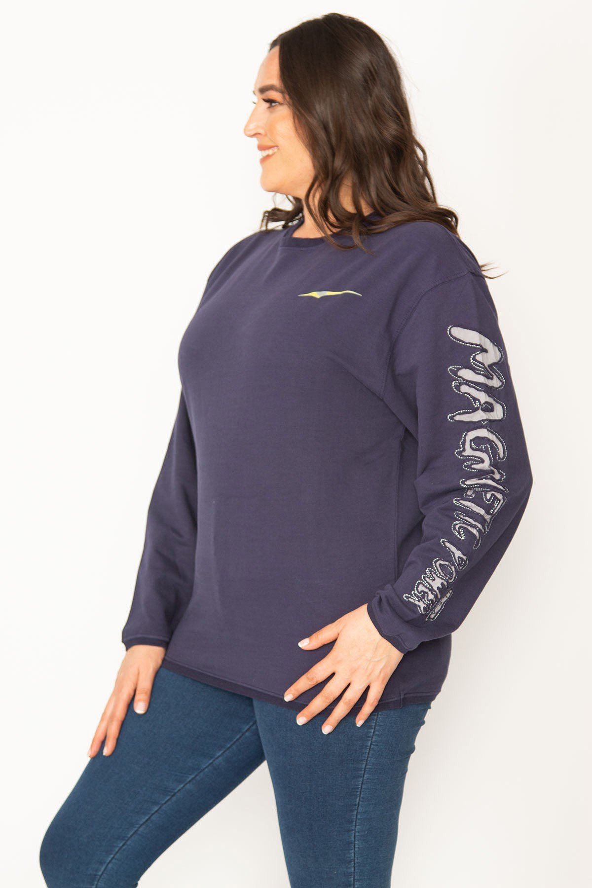 Kadın Lacivert Pamuklu Kumaş Kol Aplikeli Sweatshirt 65N31025