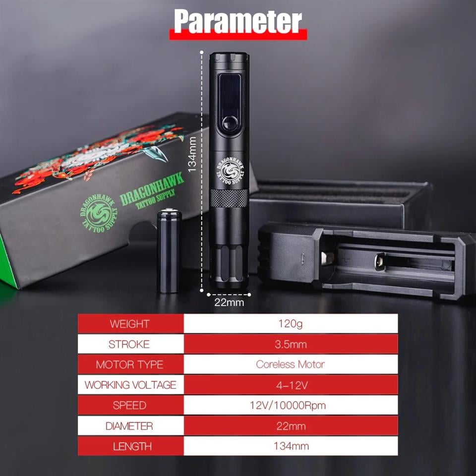 Dragonhawk X4 Wireless Tattoo Pen Machine-Black