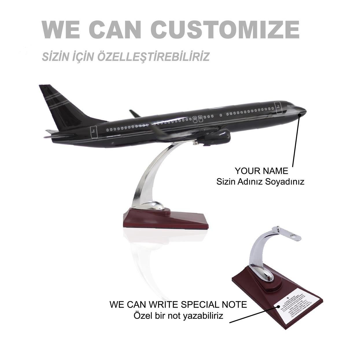 UCK0139Zekupp Boeing 737-800 1/100 Ölçek Çizgi  Detaylı Siyah Tasarımlı Model Uçak