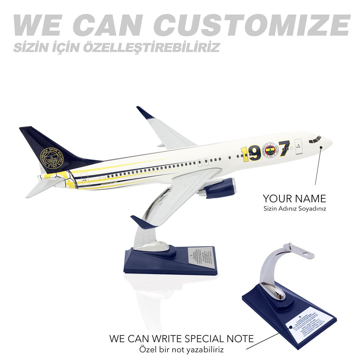 UCK0187Zekupp Boeing 737-800 1/100 Ölçek Fenerbahçe Lisanslı 1907 Tasarım Maket Uçak