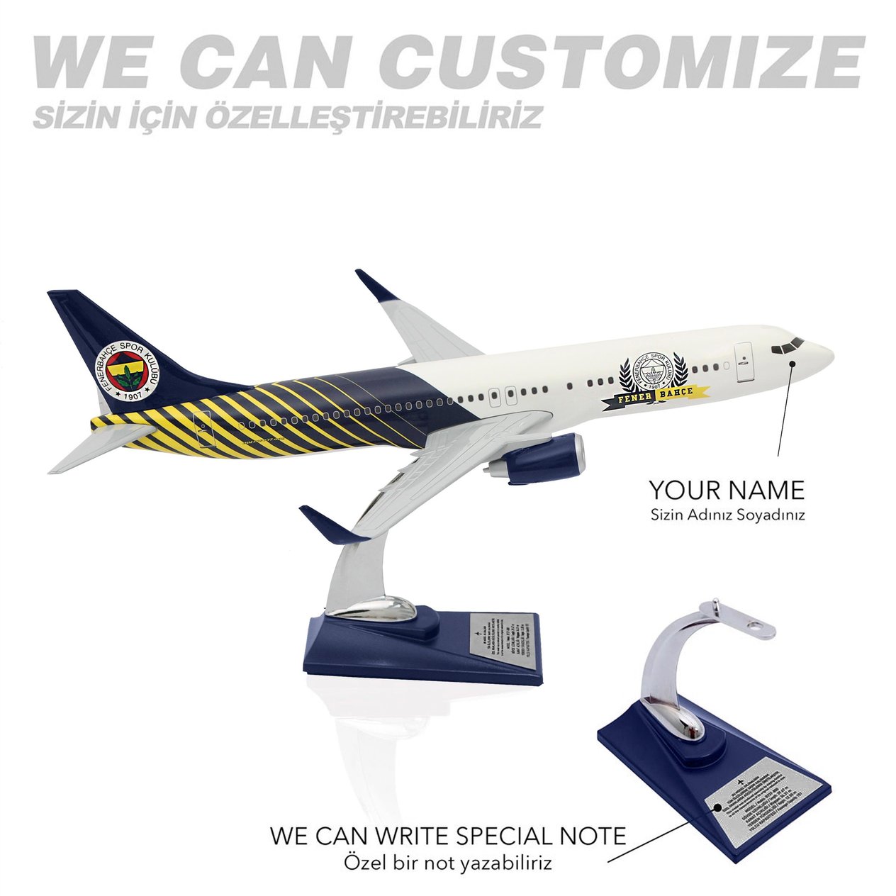 UCK0188Zekupp Boeing 737-800 1/100 Ölçek Fenerbahçe Lisanslı Çizgili Tasarım Maket Uçak