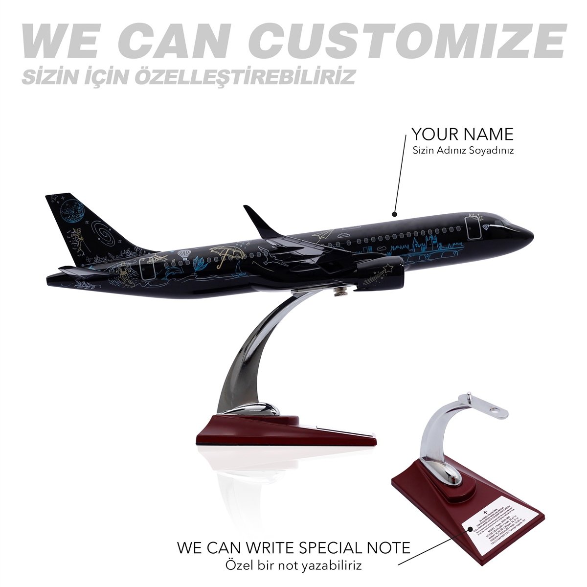 Zekupp - Maket Uçak - Airbus 320-200 1/100 - SİYAH DESENLİ ÖZEL TASARIM Model Uçak