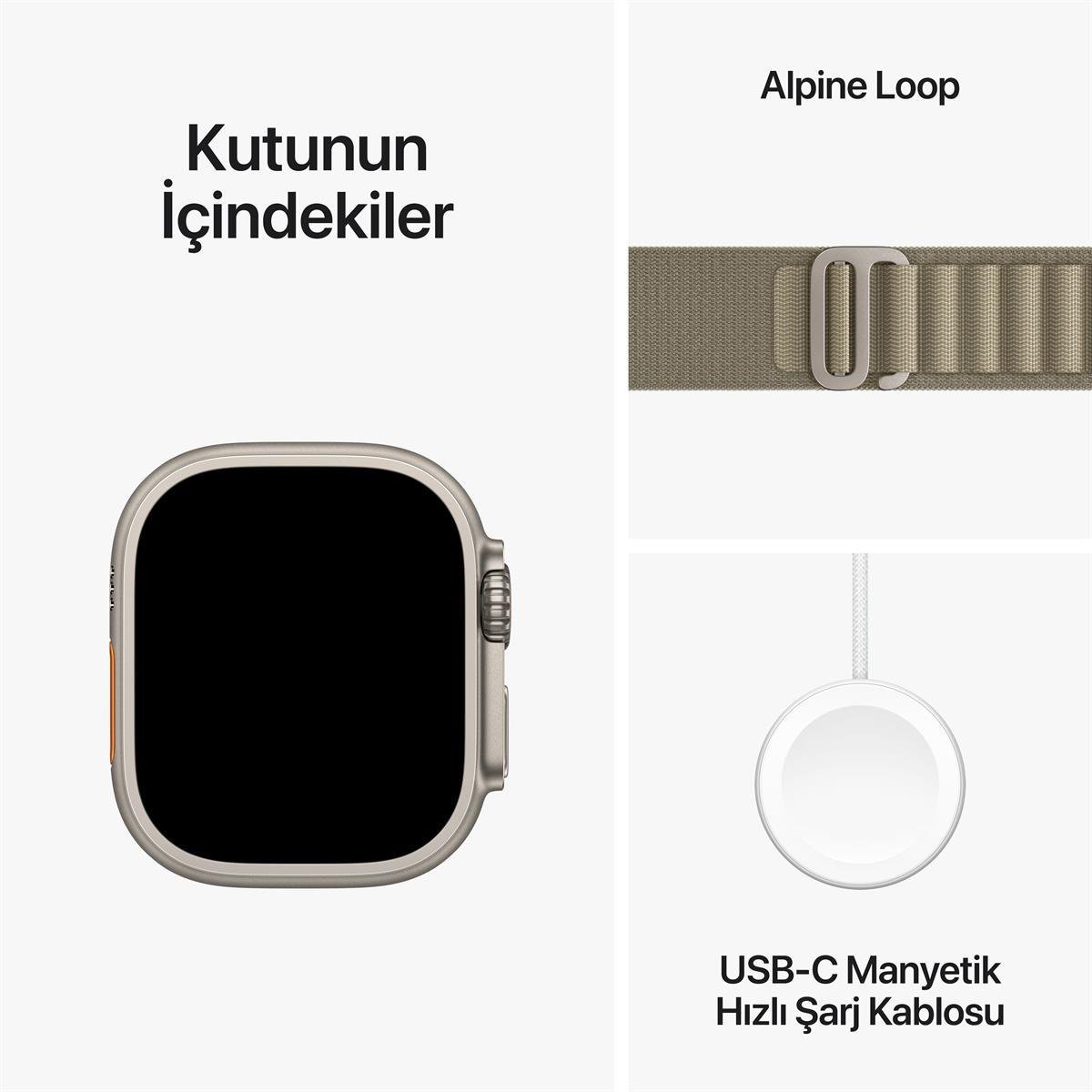 Apple Watch Ultra 2 GPS + Cellular 49mm Titanyum Kasa ve Zeytin Yeşili Alpine Kordon (Küçük) - MREX3TU/A