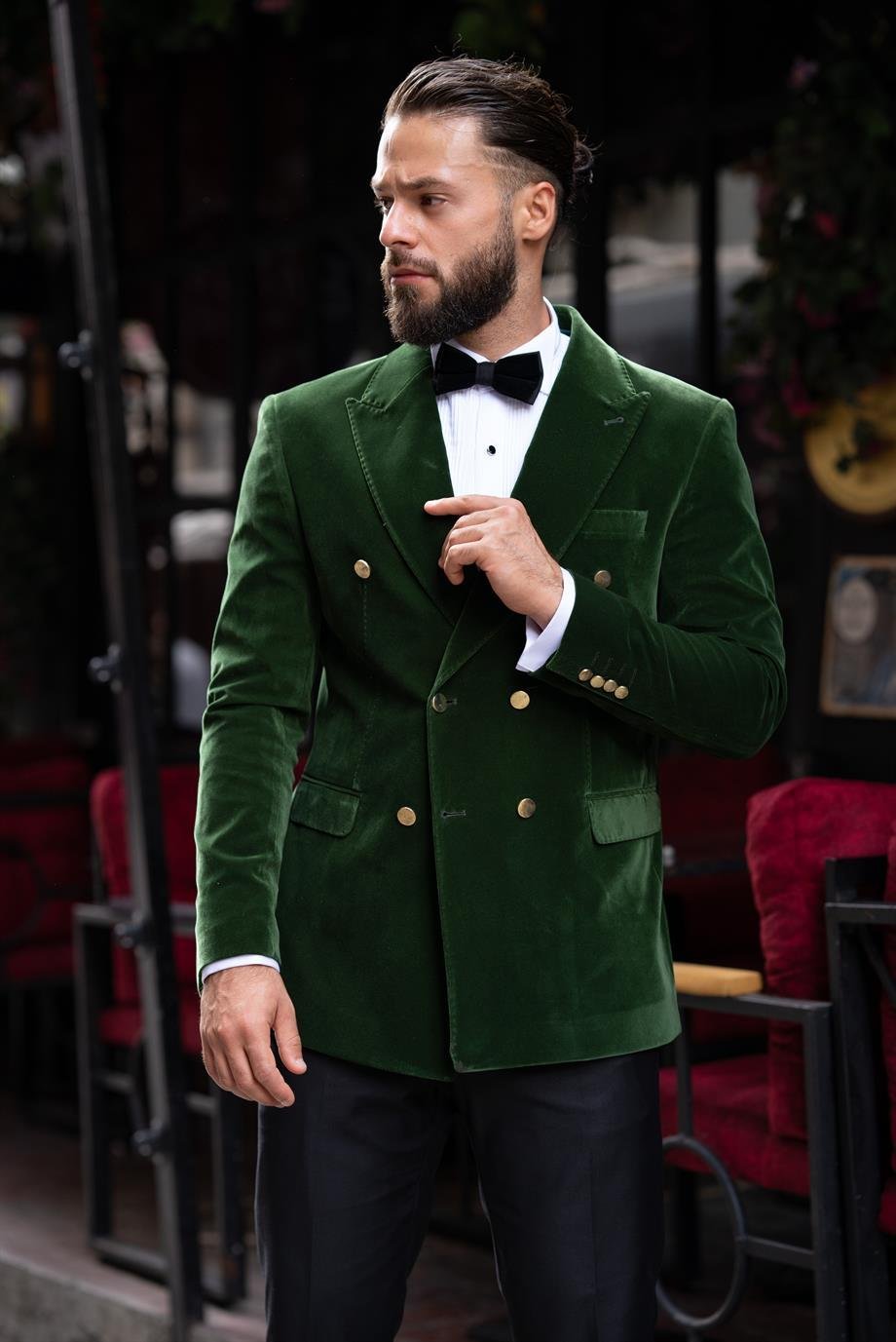 Damatlık Smokin Kadife İtalyan Kesim Slim Fit Yeşil SD3461