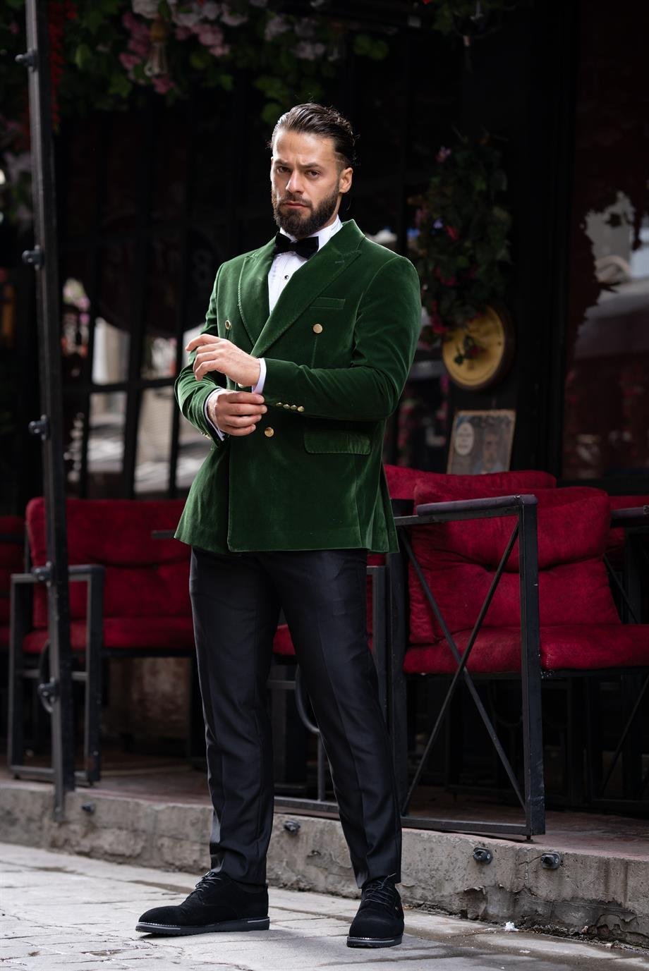 Damatlık Smokin Kadife İtalyan Kesim Slim Fit Yeşil SD3461