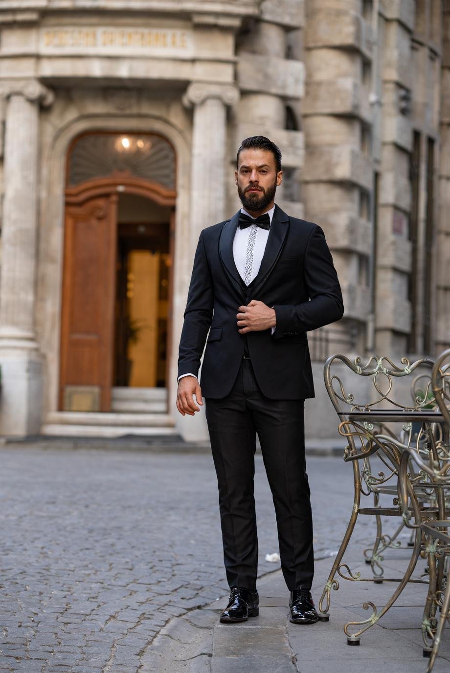 Damatlık Smokin Yelekli İtalyan Kesim Slim Fit Siyah SD3456