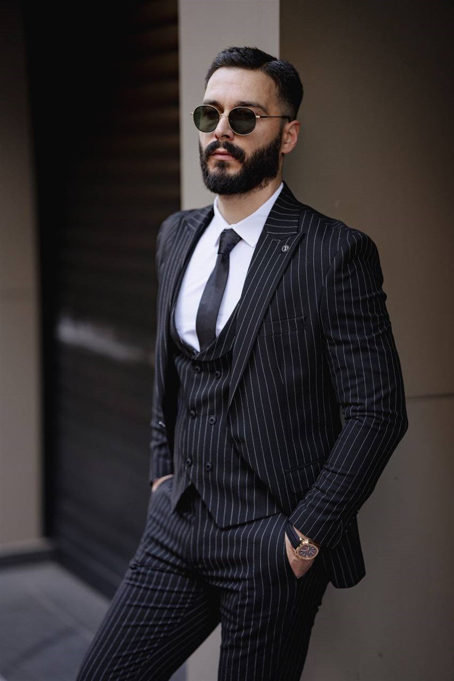 İTALYAN KESİM ÇİZGİLİ YELEKLİ ERKEK SİYAH TAKIM ELBİSE - SLIM FIT SD4852