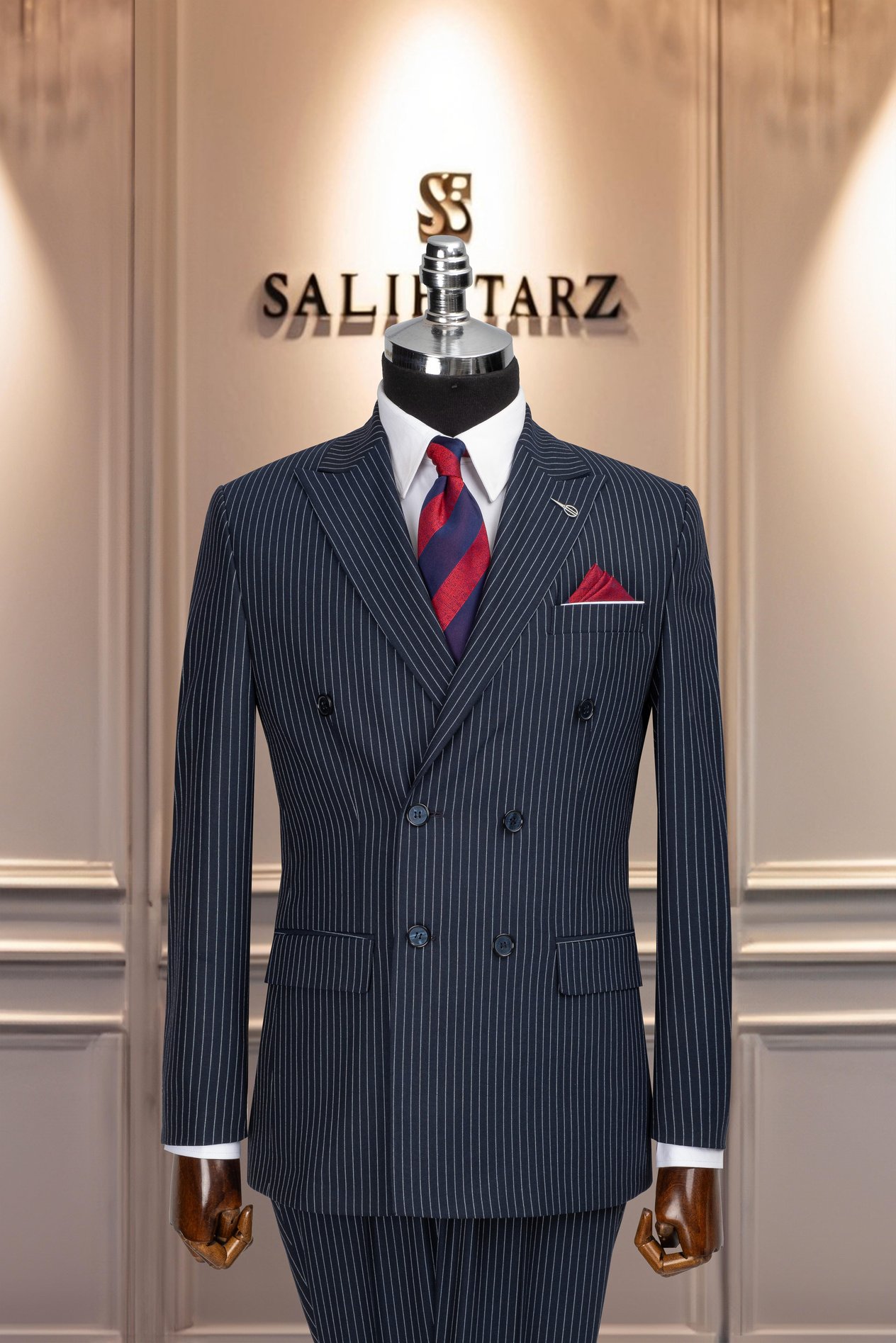 Takım Elbise Kruvaze SlimFit Çizgili Lacivert SD42152