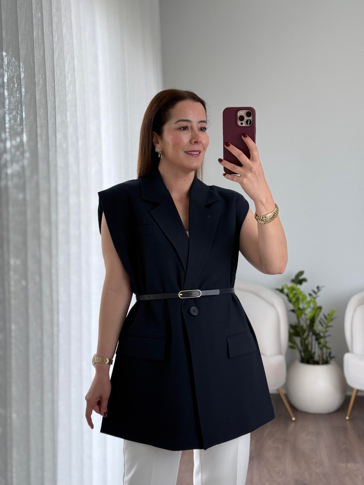 Beli Kemerli Vatkalı Yelek Lacivert