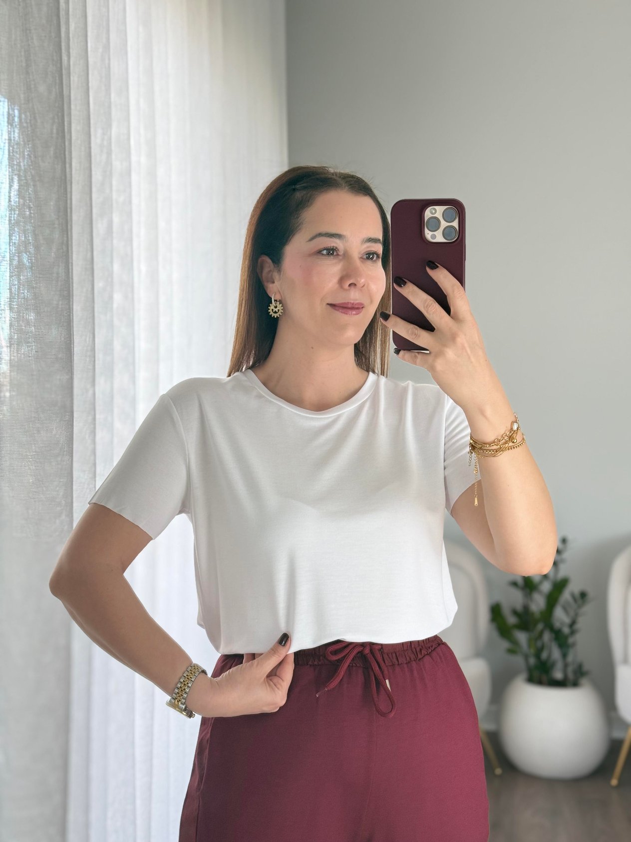 Bisiklet Yaka Marka Modal T-Shirt Beyaz