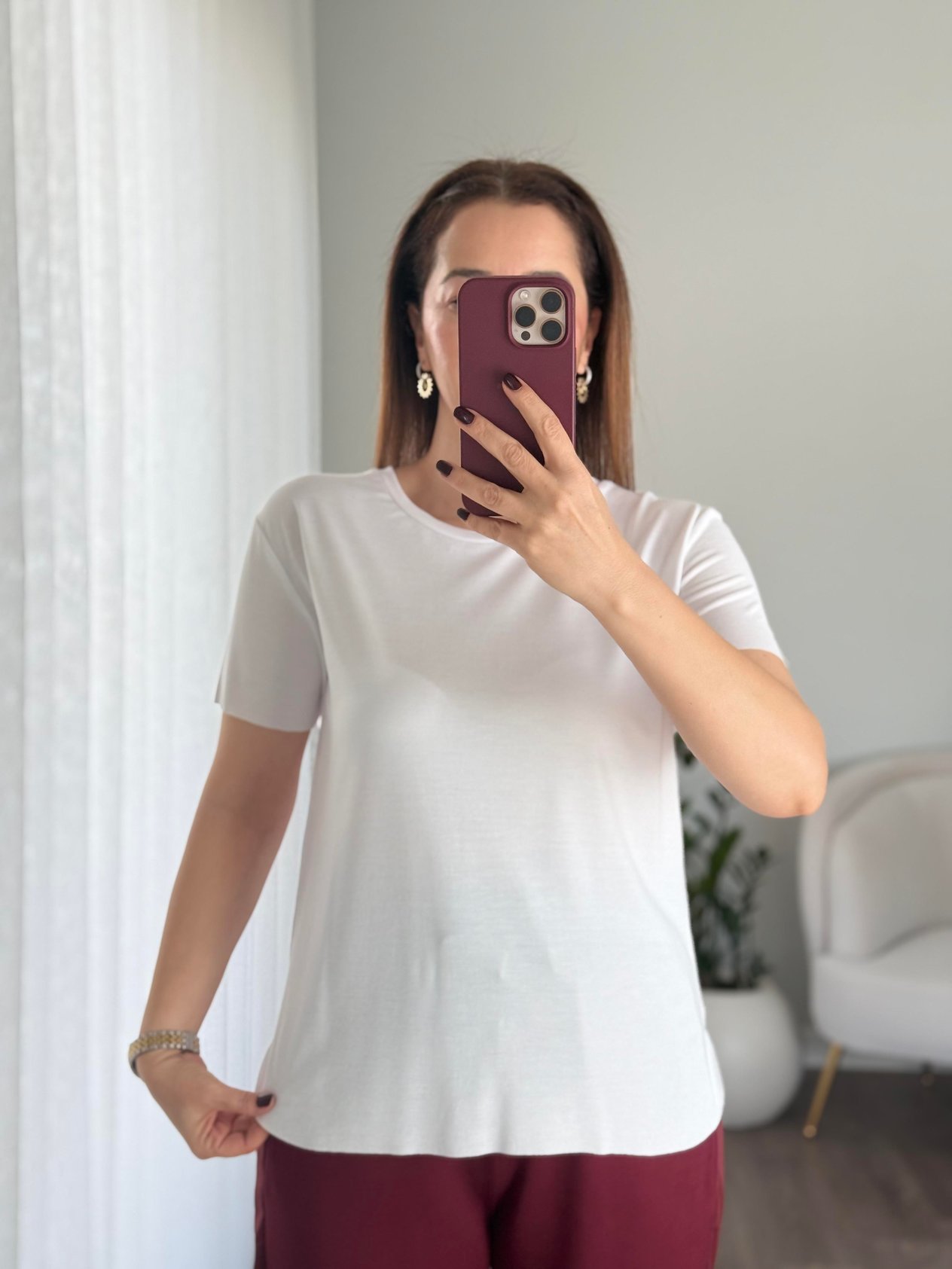 Bisiklet Yaka Marka Modal T-Shirt Beyaz