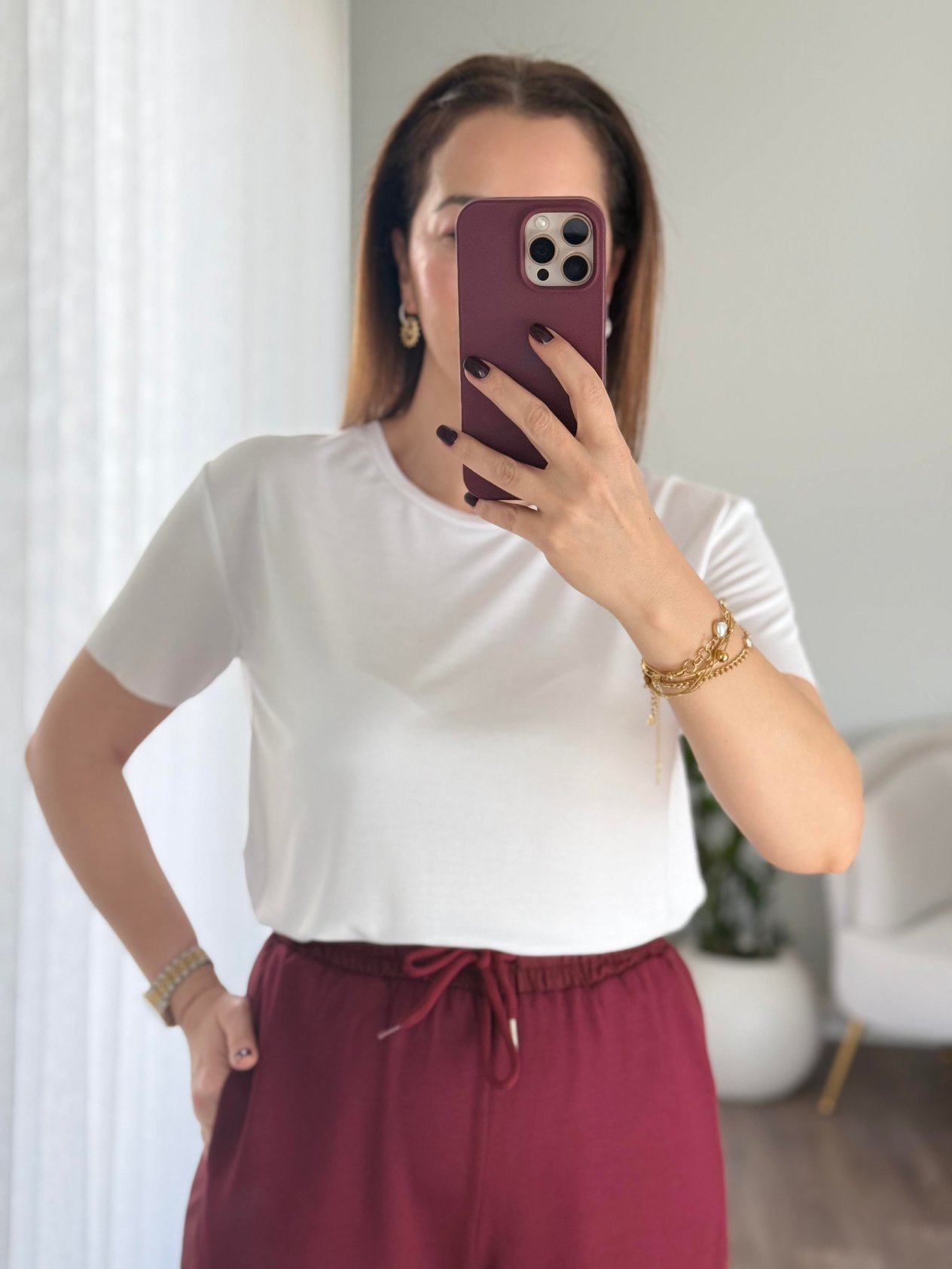 Bisiklet Yaka Marka Modal T-Shirt Beyaz