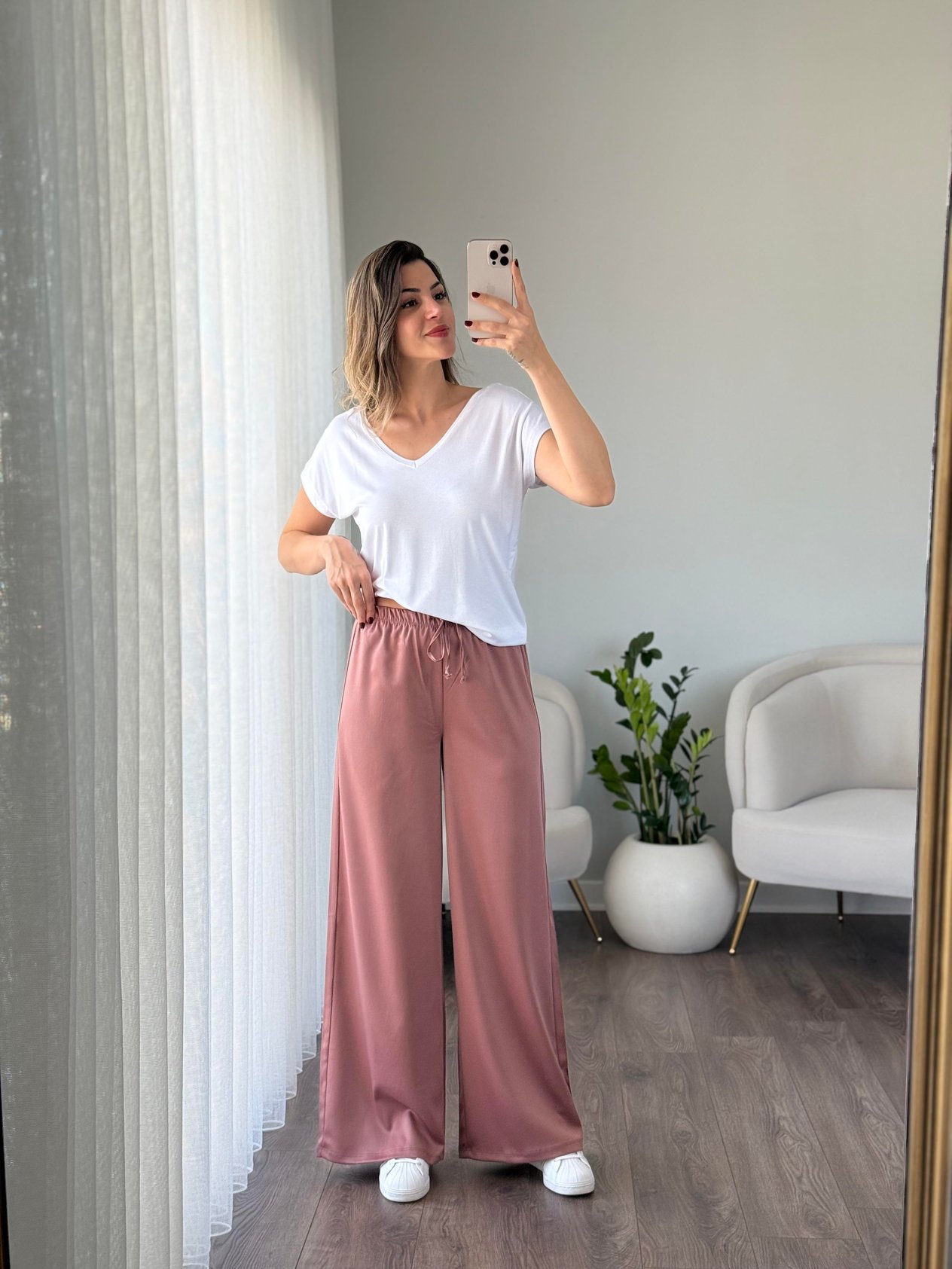 Karol Saten Palazzo Pantolon Gül Kurusu