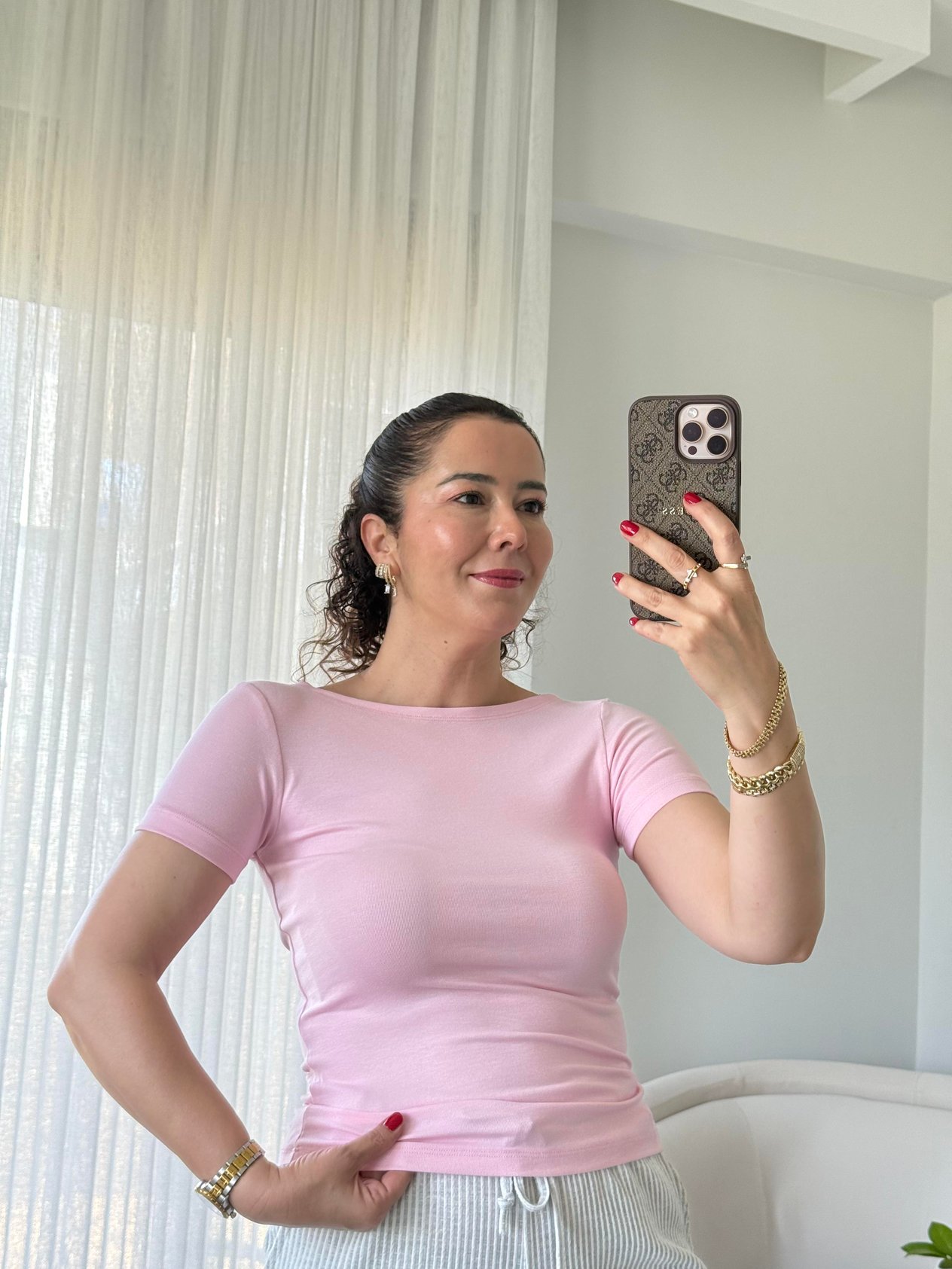Kayık Yaka Kısa Kollu Basic Bluz Pembe