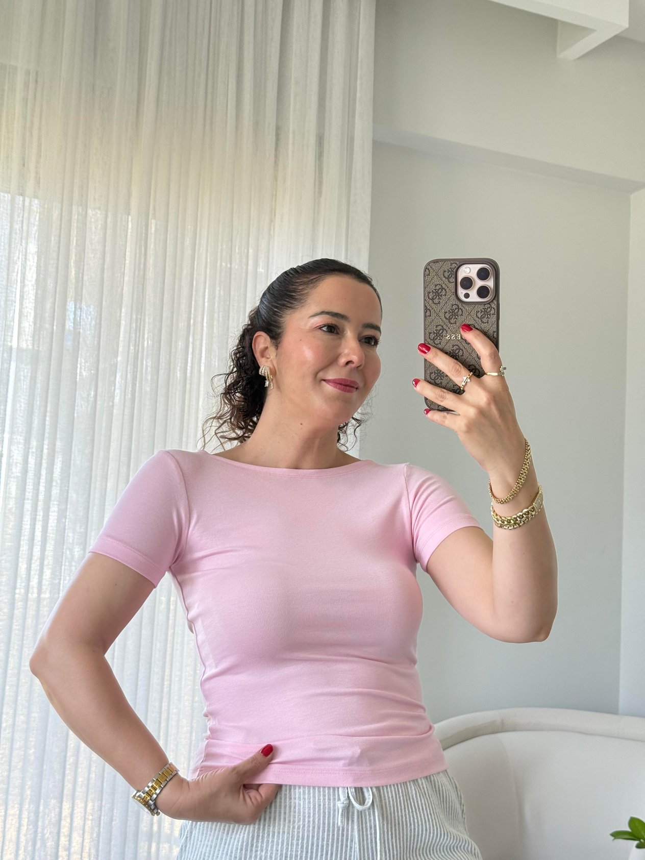Kayık Yaka Kısa Kollu Basic Bluz Pembe